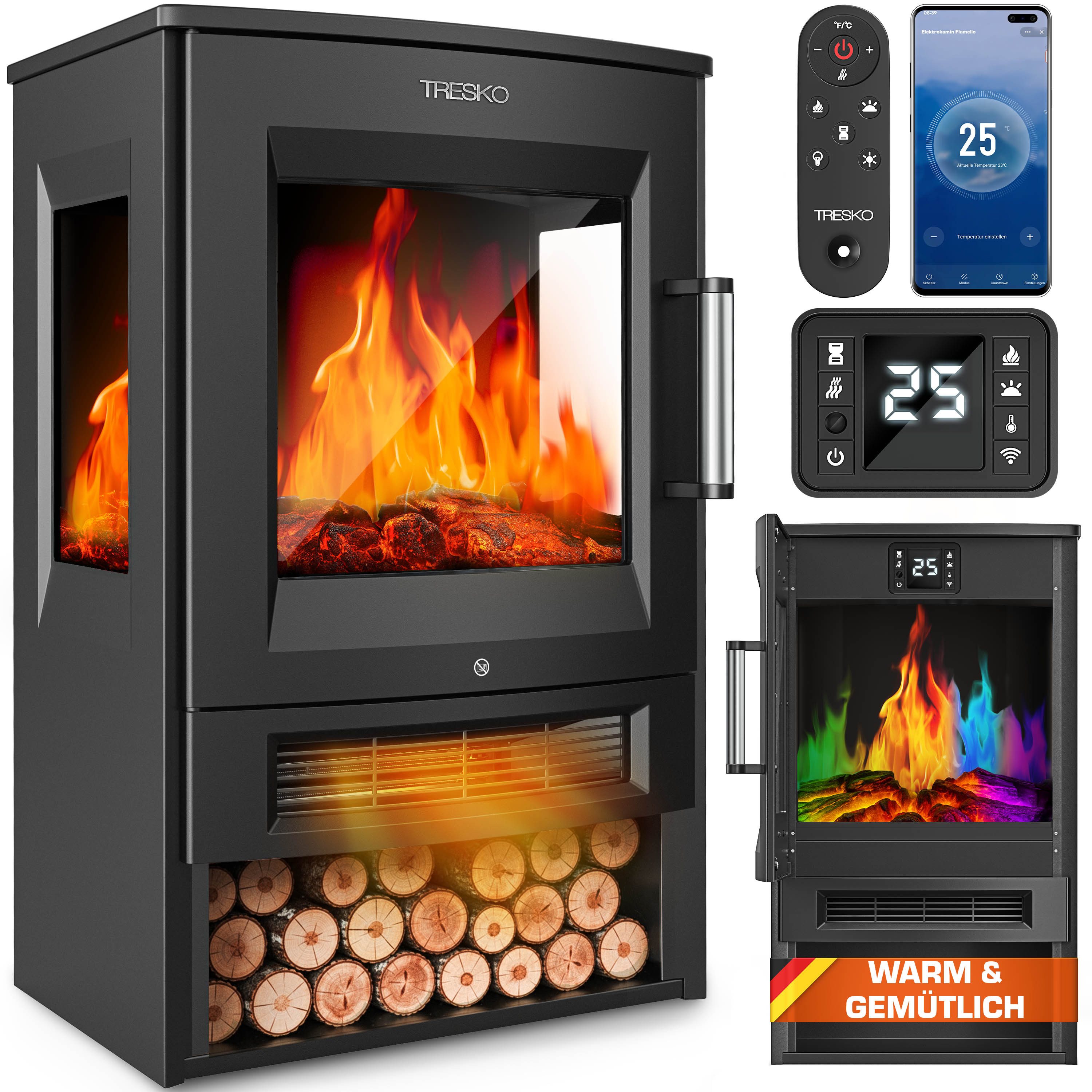 TRESKO Elektrokamin mit Heizung 1800W inkl. Fernbedienung & WiFi App Kaminf günstig online kaufen