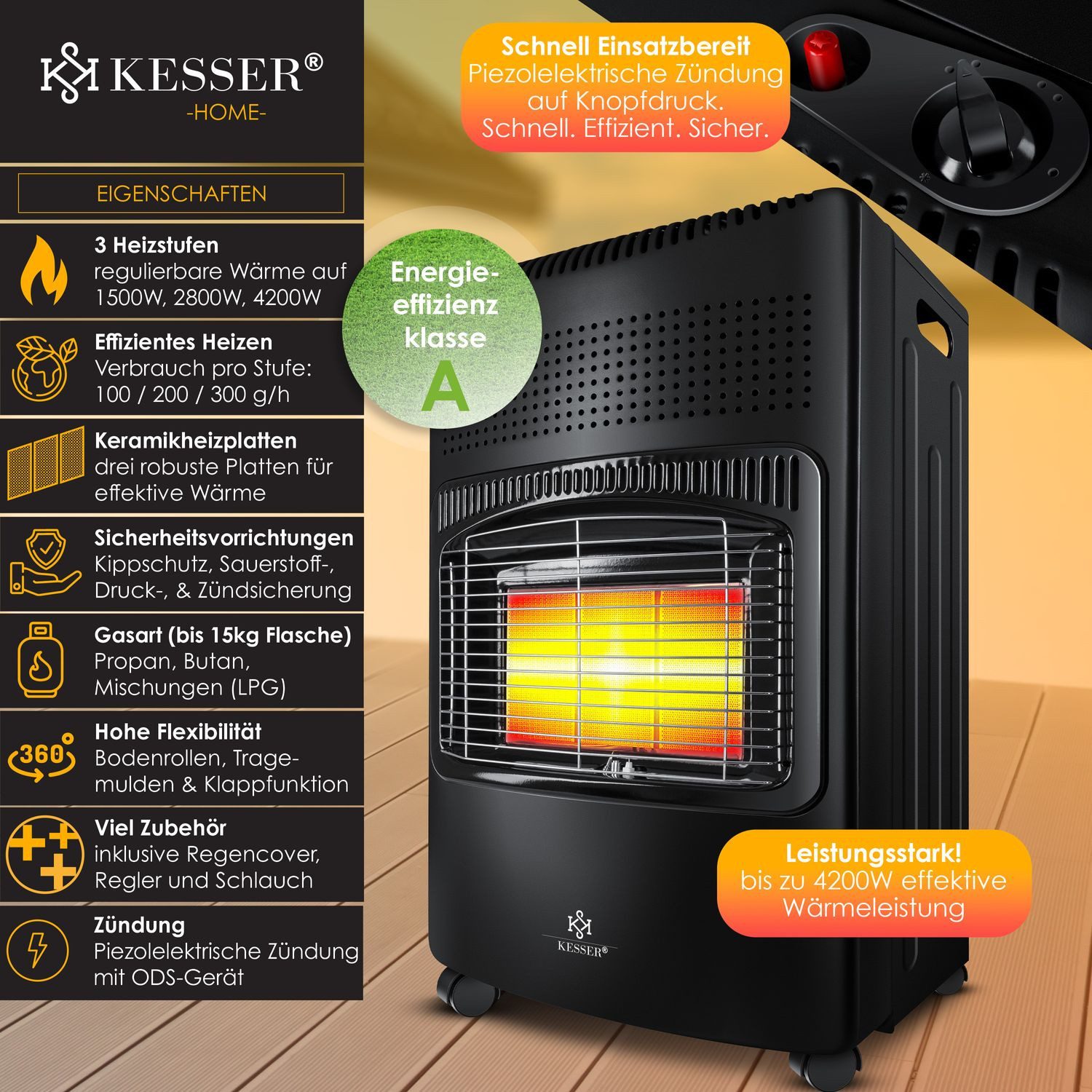 KESSER Heizstrahler, 4200 W, 4200W Keramik Gasheizer Heizstrahler inkl. Gas günstig online kaufen