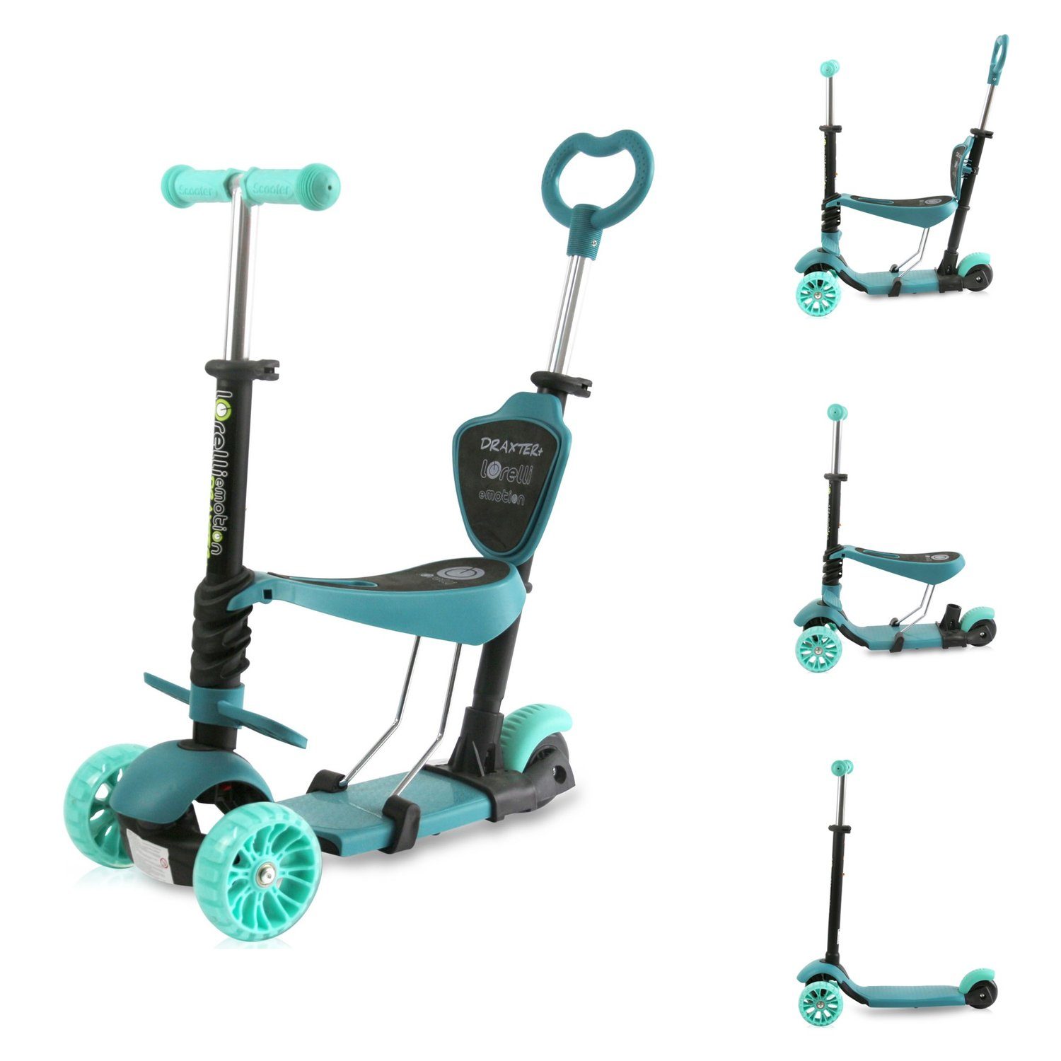 Lorelli Cityroller Kinderroller Draxter Plus 3in1, Schiebestange, Vorderräder mit LED