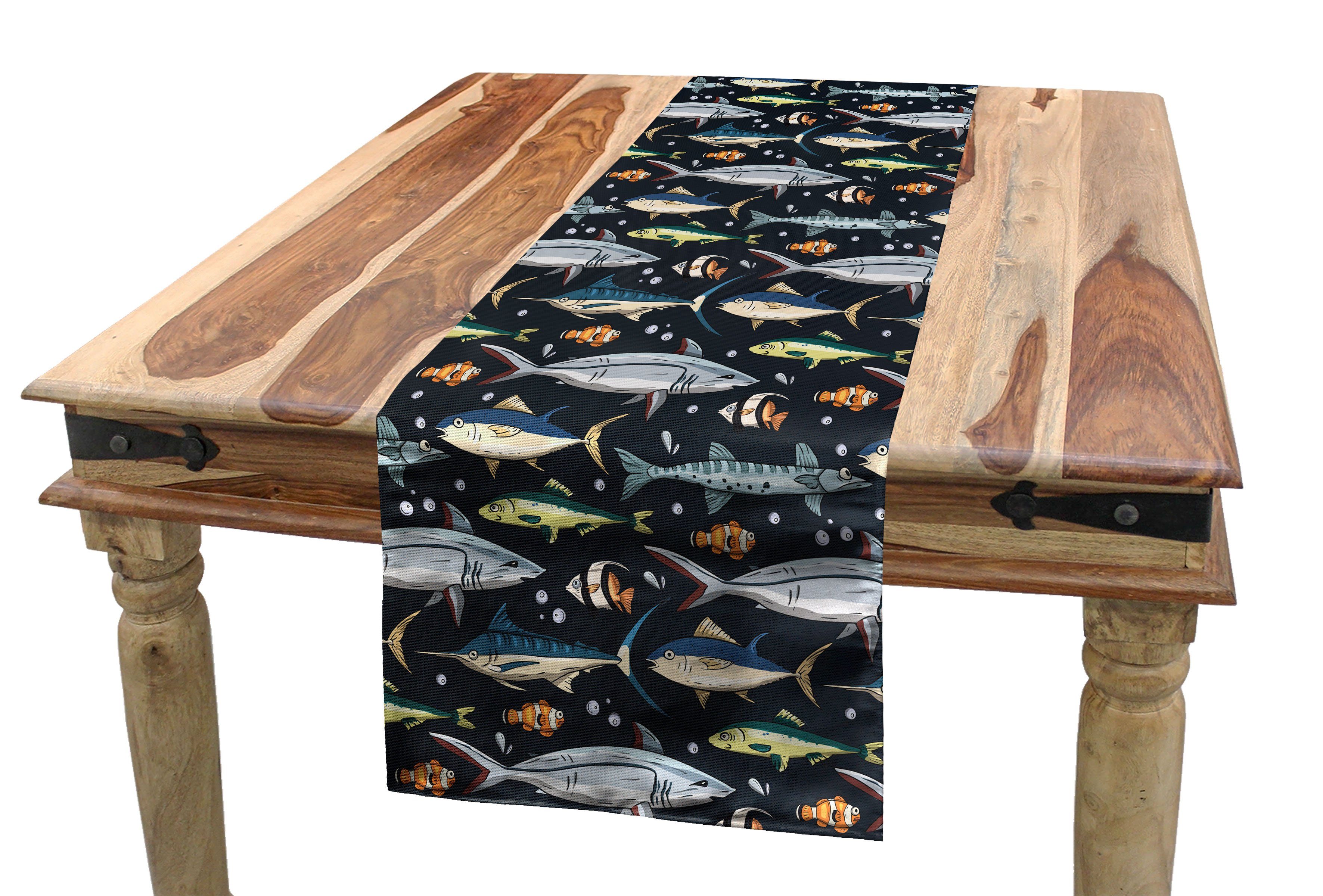 Abakuhaus Tischläufer Esszimmer Küche Rechteckiger Dekorativer Tischläufer, Nautisch Verschiedene Fische und Blasen | Tischläufer
