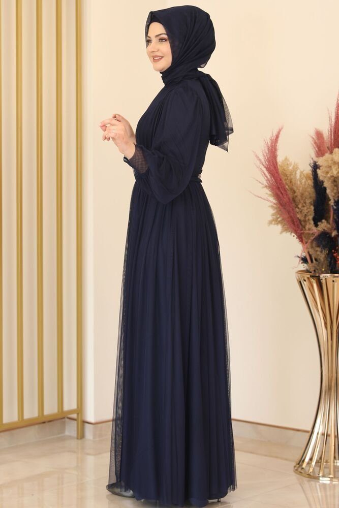 Modavitrini Abendkleid Tüllkleid Hijab Damenkleid Navy-Blau Abaya Kleid Langärmliges Maxikleid Abiye