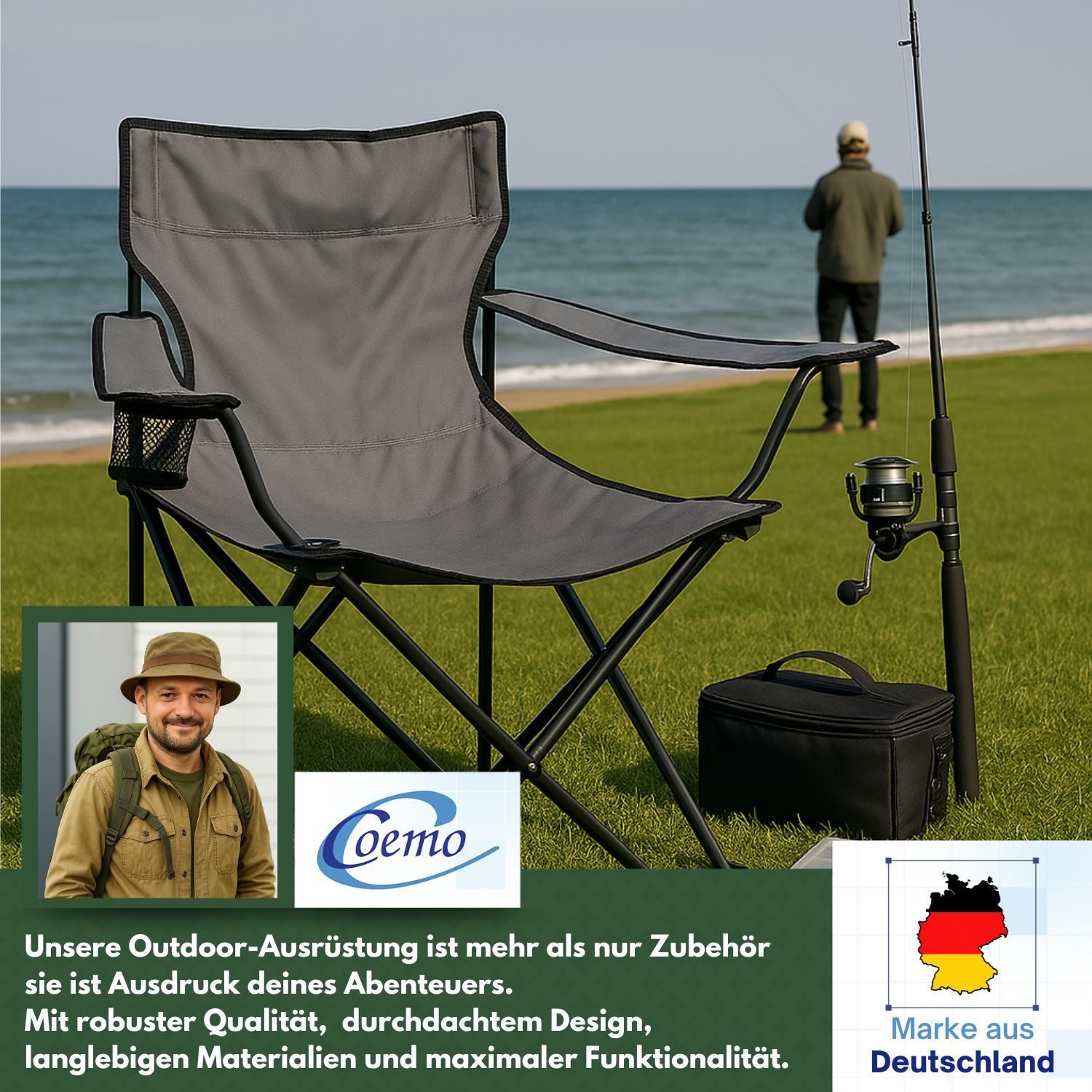 Coemo Gartenstuhl (4 St), faltbarer Campingstuhl Grau mit Getränkehalter, Outdoor-Stuhl