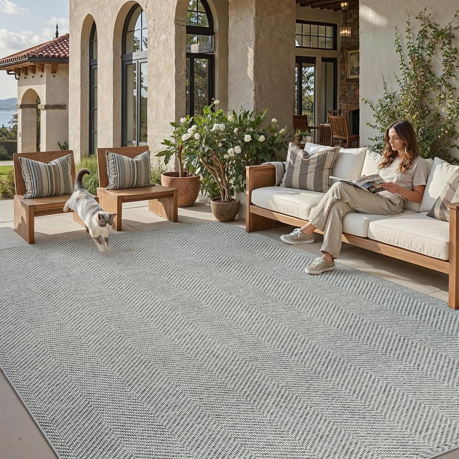 LuxusKollektion Outdoorteppich Outdoor Teppich Grau 160x230cm Waschbar Jute-Optik, rechteckig, Höhe: 5 mm