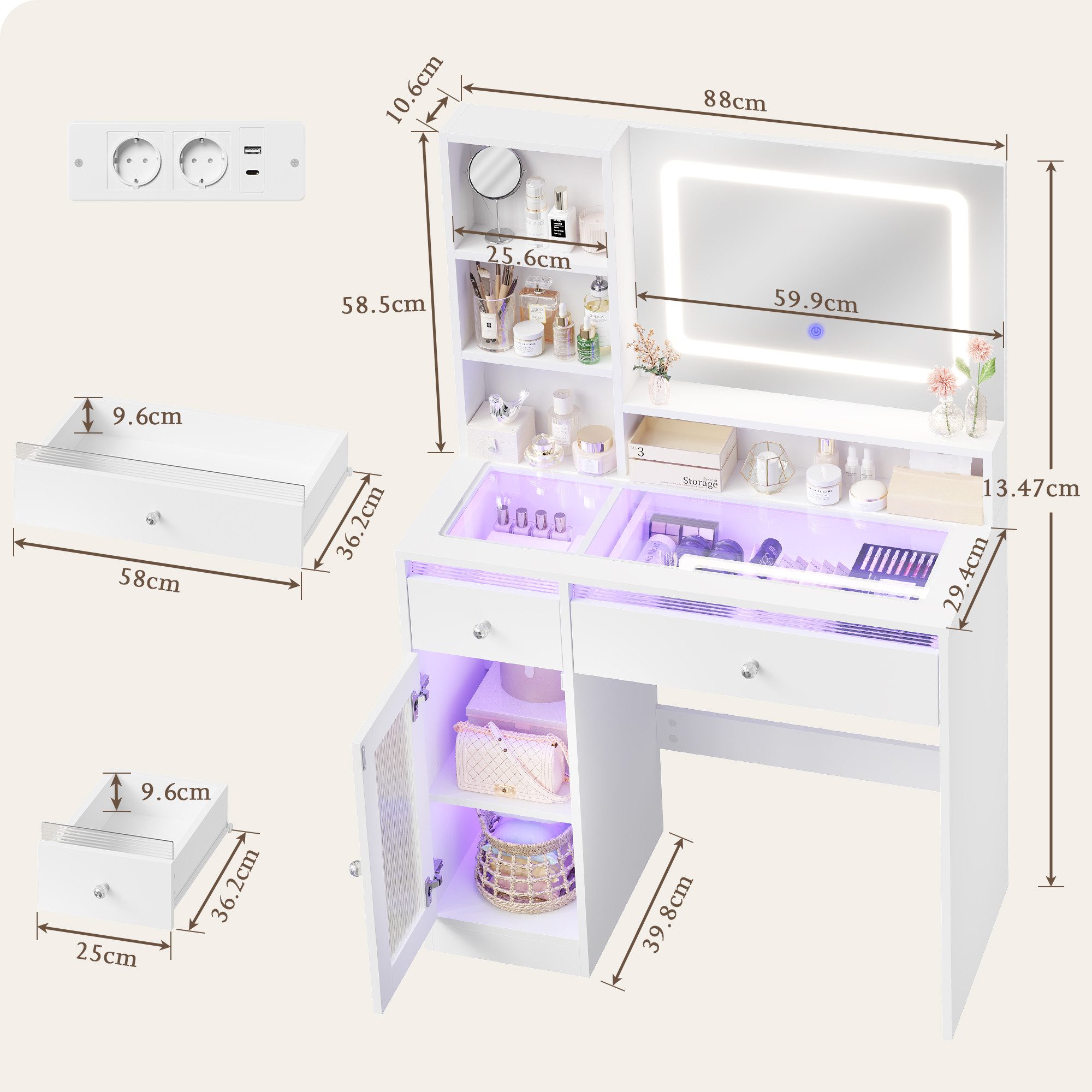 HOMALL Schminktisch Frisiertisch mit Spiegel und RGB-LED-Lichtleiste (Maße: 88 x 40 x 135 cm, 4 offene Ablagefächer, 2 Schubladen, 1 Schrank, 2 Steckdosenleisten, 1 USB-Anschluss, 1 Typ-C-Anschluss; LED-Beleuchtung mit drei einstellbaren Farbtönen, Schminktischstuhl, kleiner Schminktisch, optional mit Hocker-Set erhältlich)