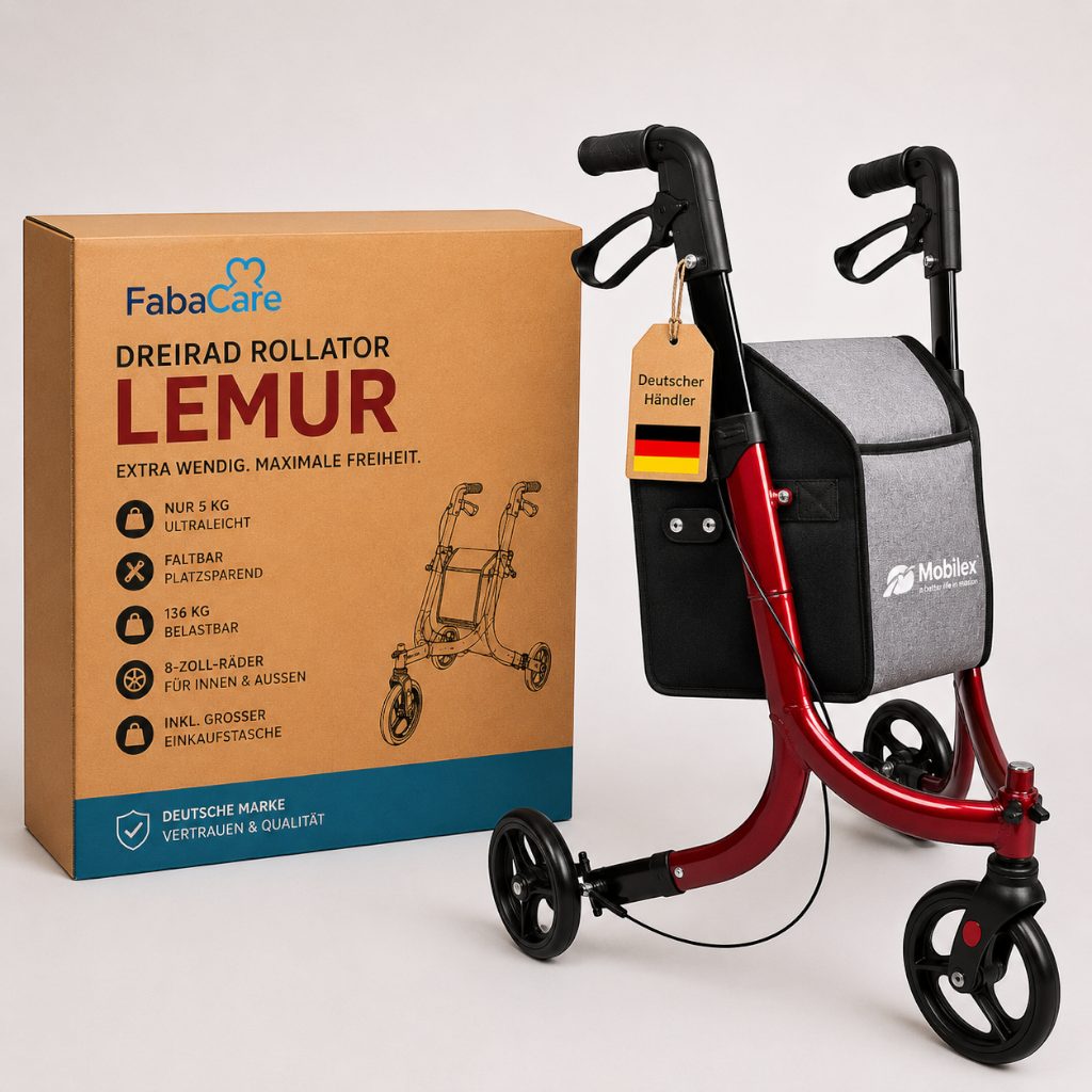 FabaCare Rollator FabaCare Lemur 3-Rad Leichtgewichtrollator, Deltarollator rot, lässt sich zusammenfalten