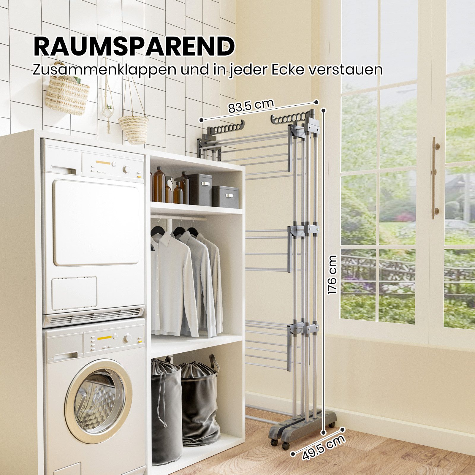 Oak&Tea Wäscheständer Ausziehbarer Wäscheständer Turm für Balkon & Wohnung, XXL Standtrockner, 4 Ebenen, klappbare zwischen 83-200cm, mit Rollen