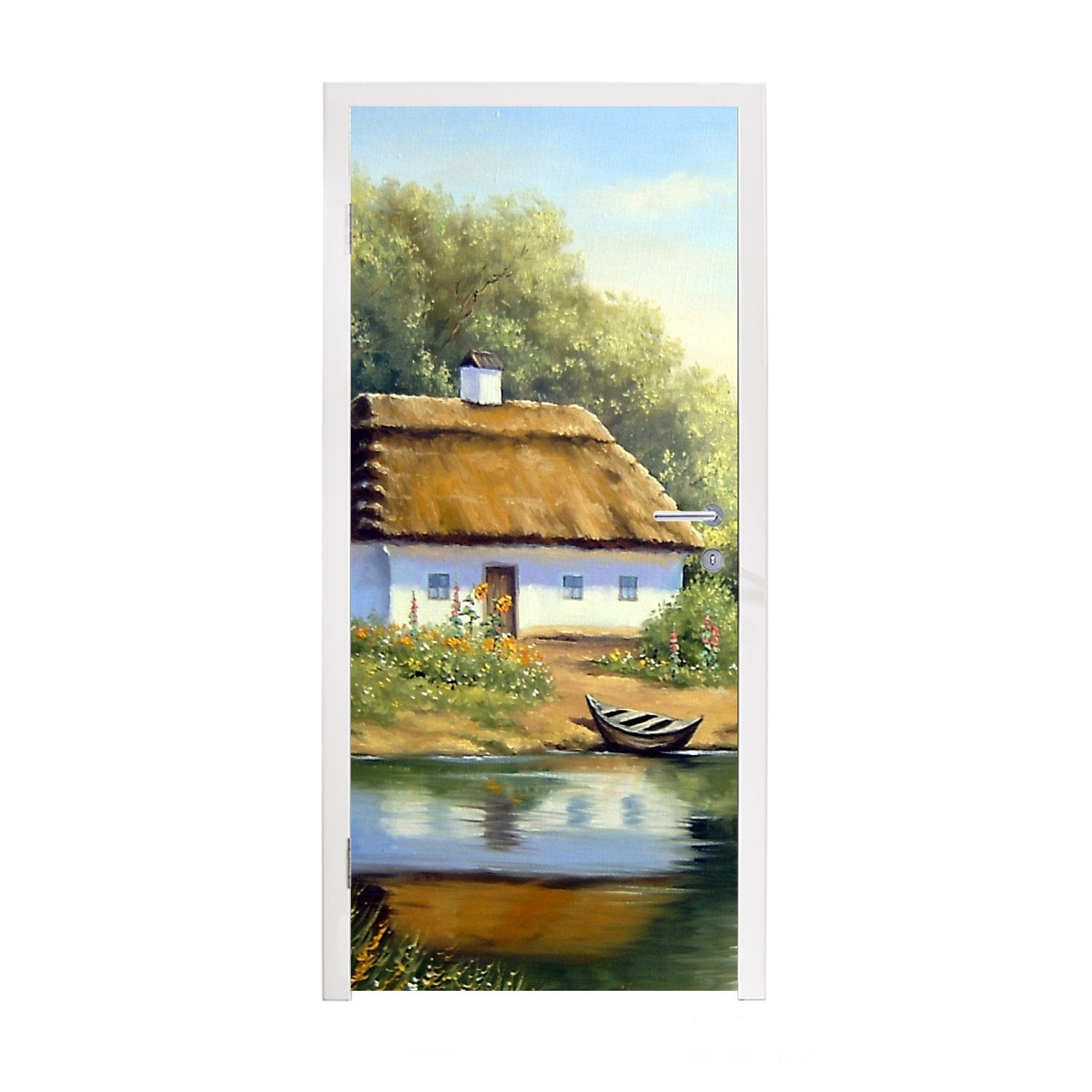 MuchoWow Türtapete Malerei - Haus - Natur - Wasser - Ölfarbe, Matt, bedruckt, (1 St), Fototapete für Tür, Türaufkleber, 75x205 cm