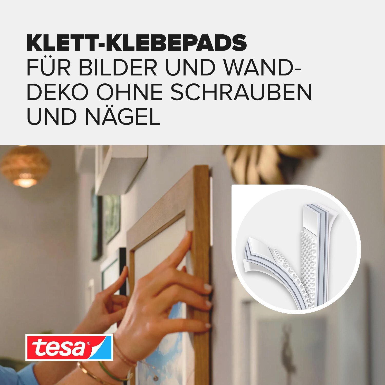 tesa Klebehaken, (1-St., Klettband-Strips mit ON und OFF Click-System - Slim - 4 x 2 Stück), Bilderrahmen und Wanddekorationen ohne Bohren - selbstklebend