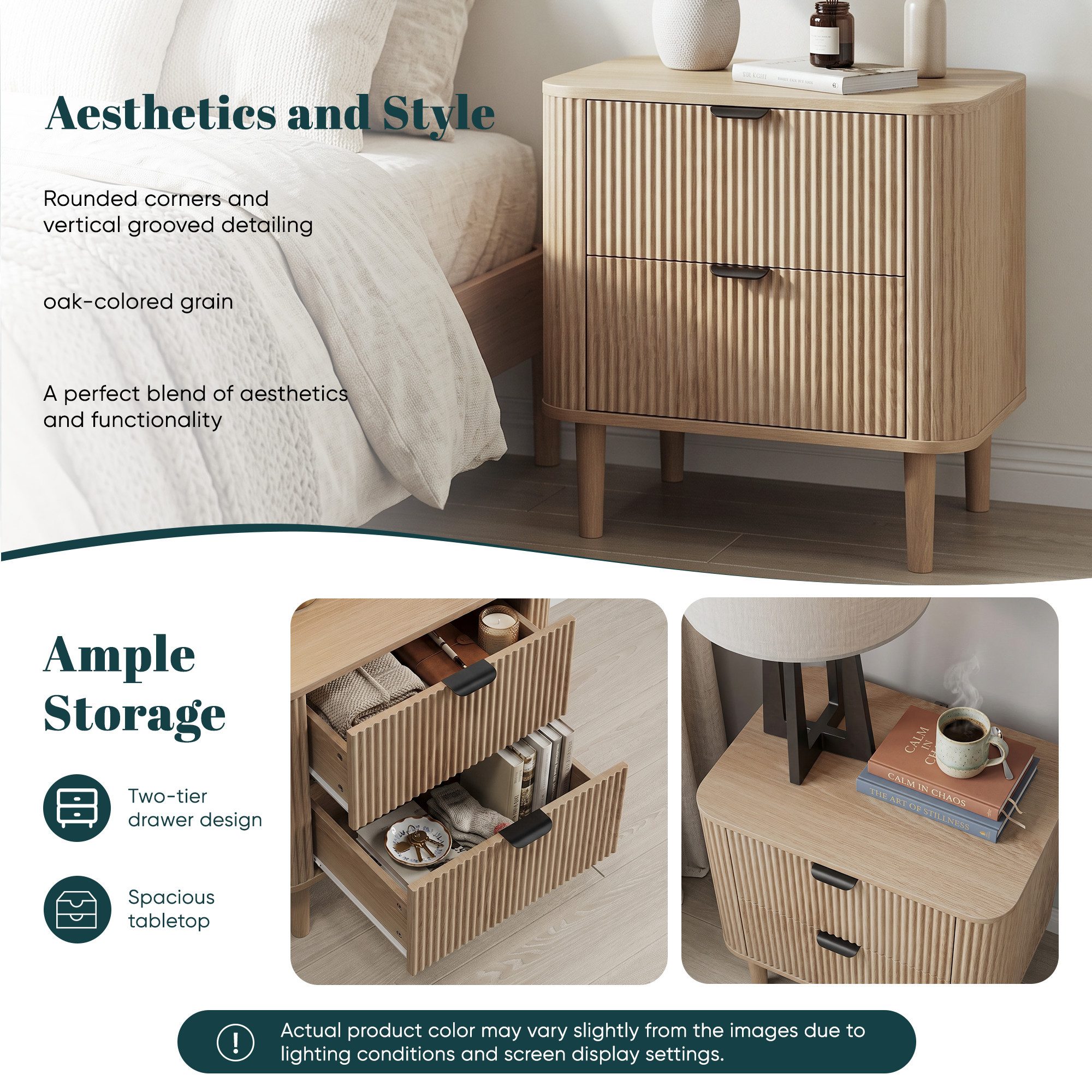 Celya Nachttisch aus Holz mit Rillenstruktur und 2 Schubladen (1er-set, geschwungener Nachttisch, Aufbewahrungsmöbel fürs Schlafzimmer) – Bild 4 von 5