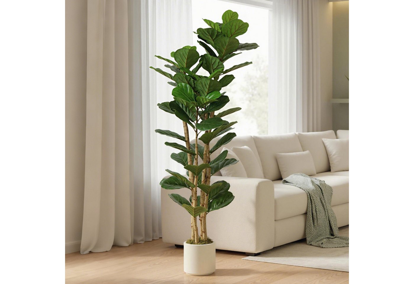 Kunstpflanze Massivholzstamm, 91 Blätter Geigenfeige, HOMCOM, Höhe 180 cm, für Wohnzimmer, Schlafzimmer, Büro, Garten, Grün