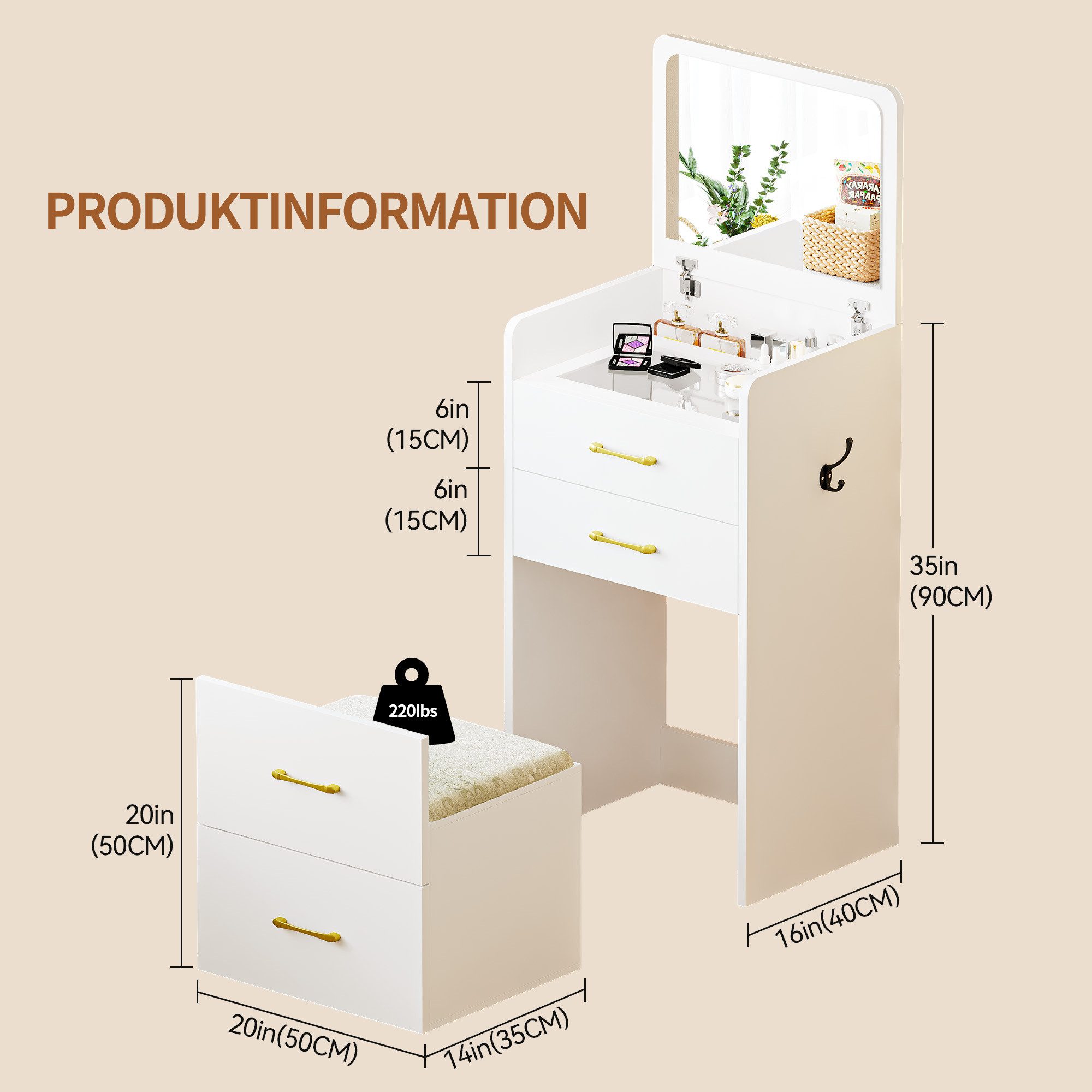 LVifur Schminktisch mit Spiegel und Hocker, platzsparender Kosmetiktisch mi günstig online kaufen