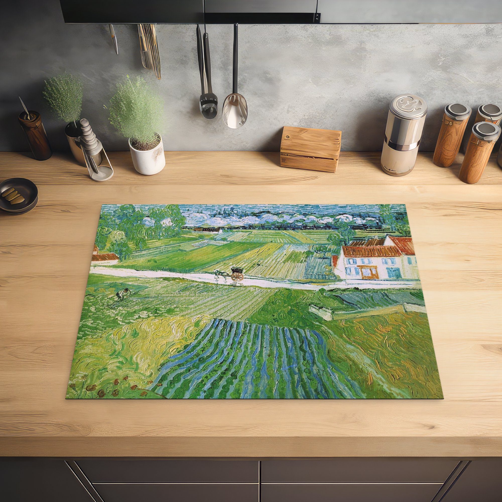 MuchoWow Herdblende-/Abdeckplatte Landschaft cm, Kutsche für Ceranfeldabdeckung küche, 71x52 und Vinyl, Zug Gogh, Induktionskochfeld tlg), mit (1 die Vincent - van Schutz