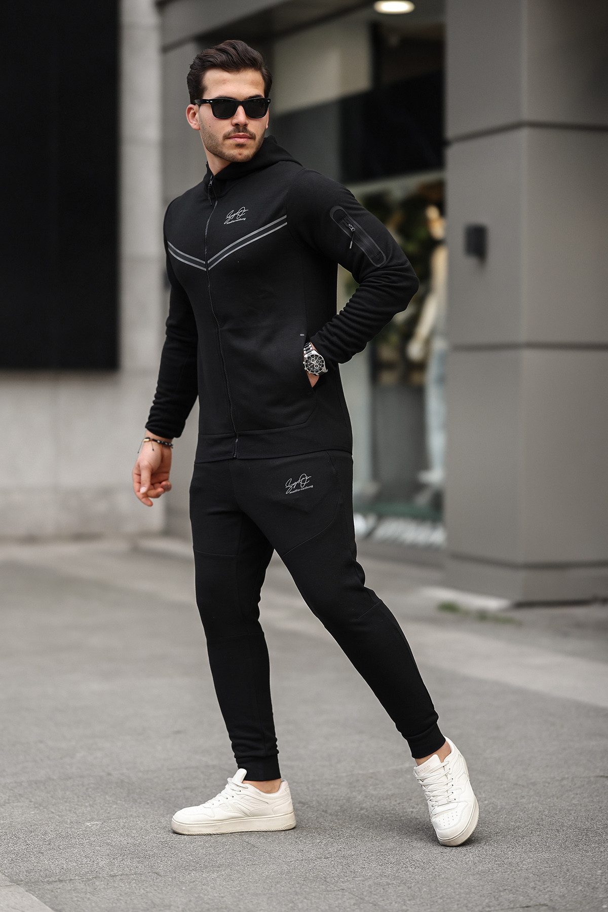 Black polyester tracksuit sale
