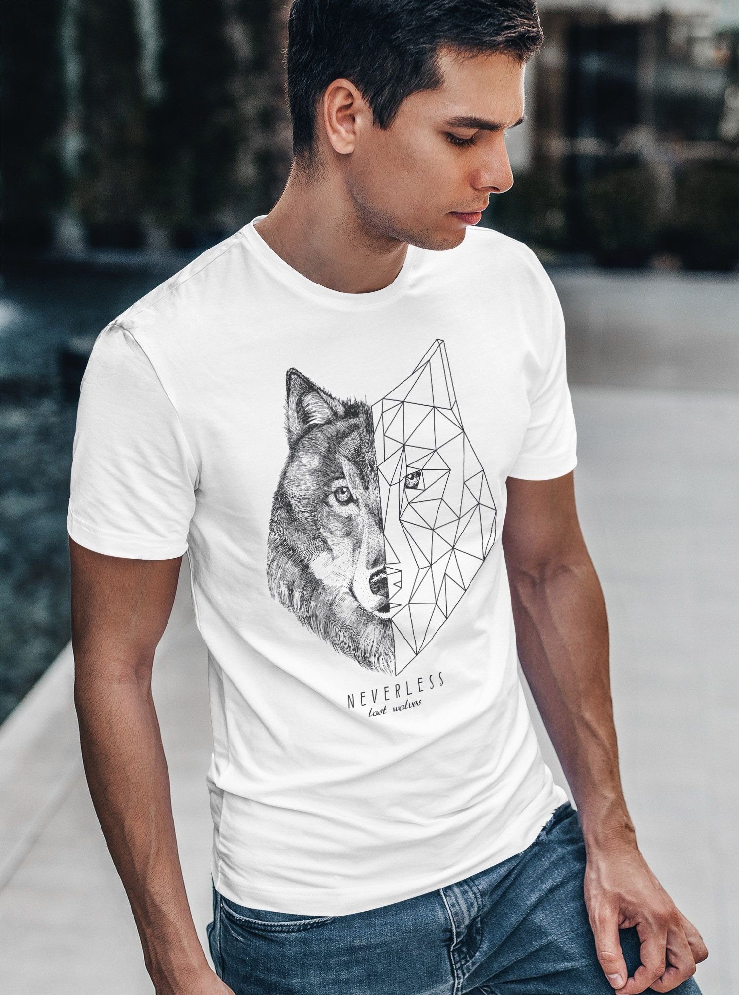 Neverless Print-Shirt Herren T-Shirt Wolf Polygon Kunst Grafik Tiermotiv Printshirt Fashion mit Print