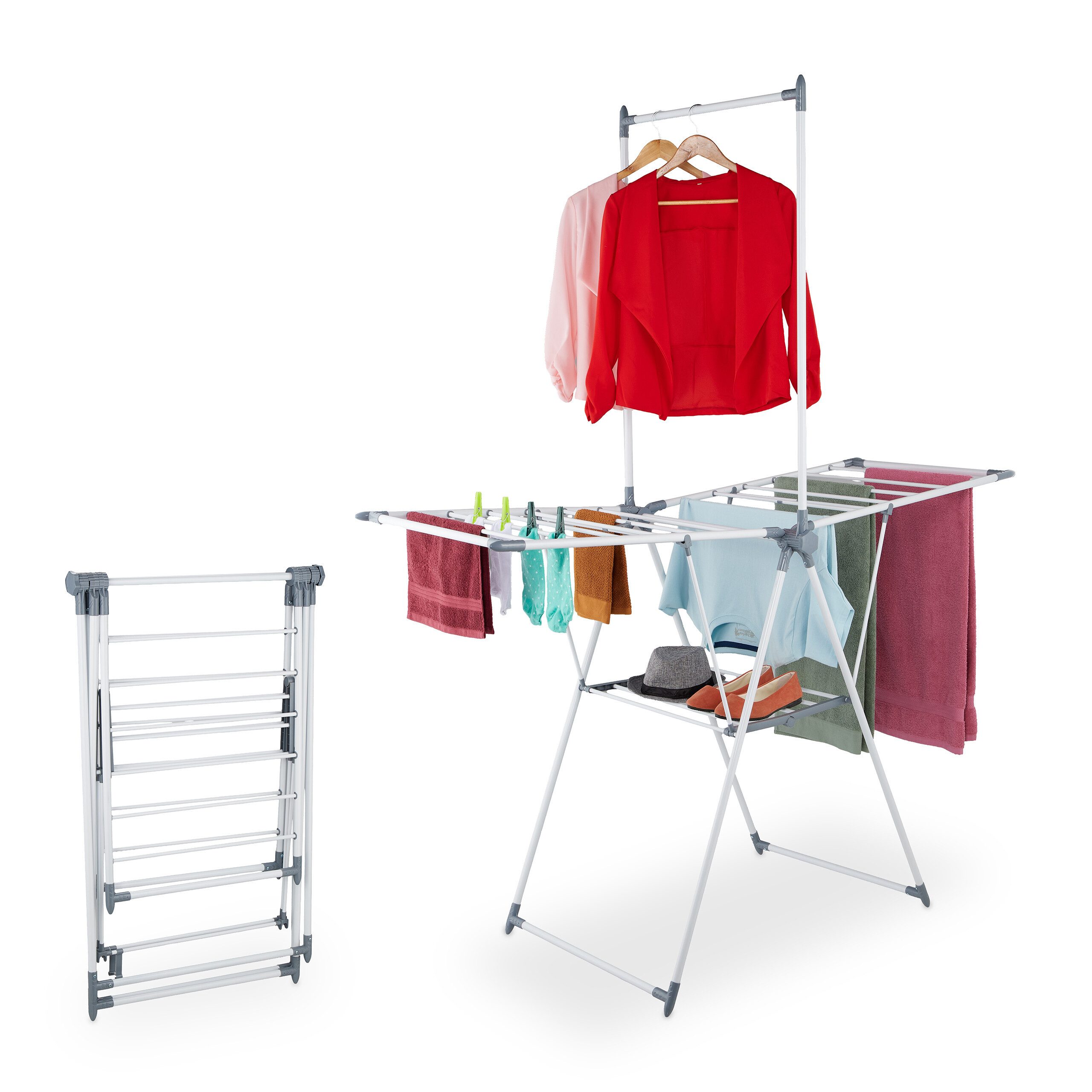relaxdays Flügelwäschetrockner Flügelwäscheständer mit Kleiderstange günstig online kaufen