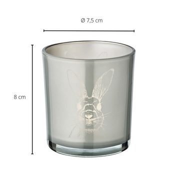 EDZARD Windlicht (Set, 2er), Höhe 8 cm, Ø 7,5 cm, Windlicht, Kerzenglas mit Hasen-Motiv in Grau