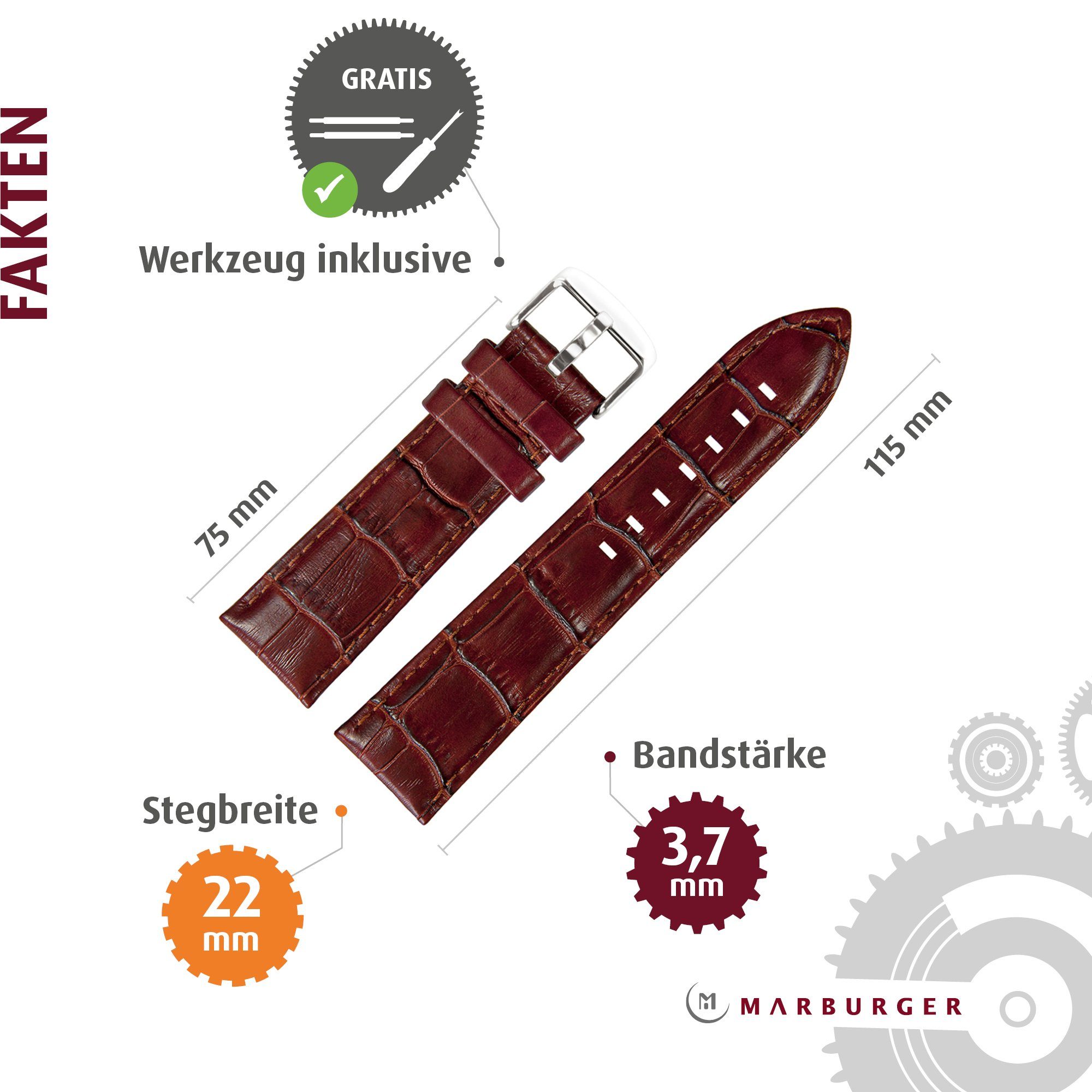 MARBURGER Uhrenarmband 22mm Leder Alligator Prägung