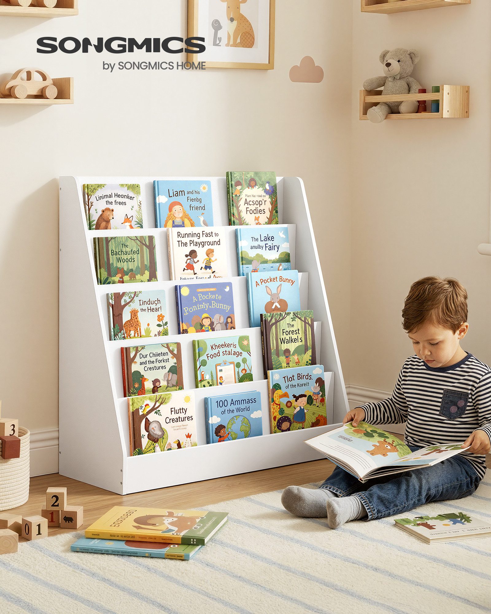 SONGMICS Spielzeugtruhe Kinderregal, Bücherregal, Spiegelregal, Spielzeugregal, Montessori Regal mit 5 Ebenen, 30 x 80 x 80 cm