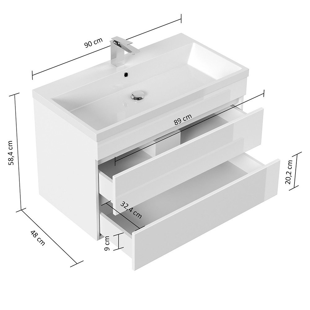Lomadox FROME-02 washbasin, 90 cm, wall-mounted, white high gloss, with 3 drawers