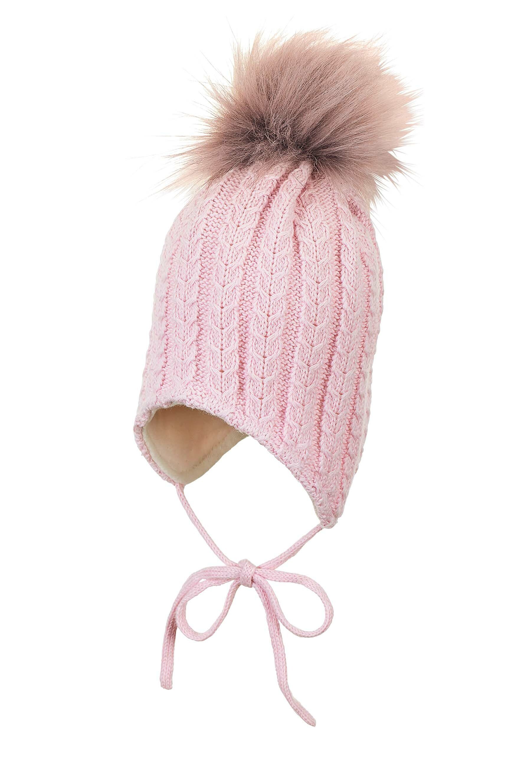 (1-St., mit rosa und Ohrenklappen Mütze mit Sterntaler® Strickmütze mit Zopf-Muster Kinder Bindebänder) für Strick Strickmütze Beanie Kunstfell-Pompon