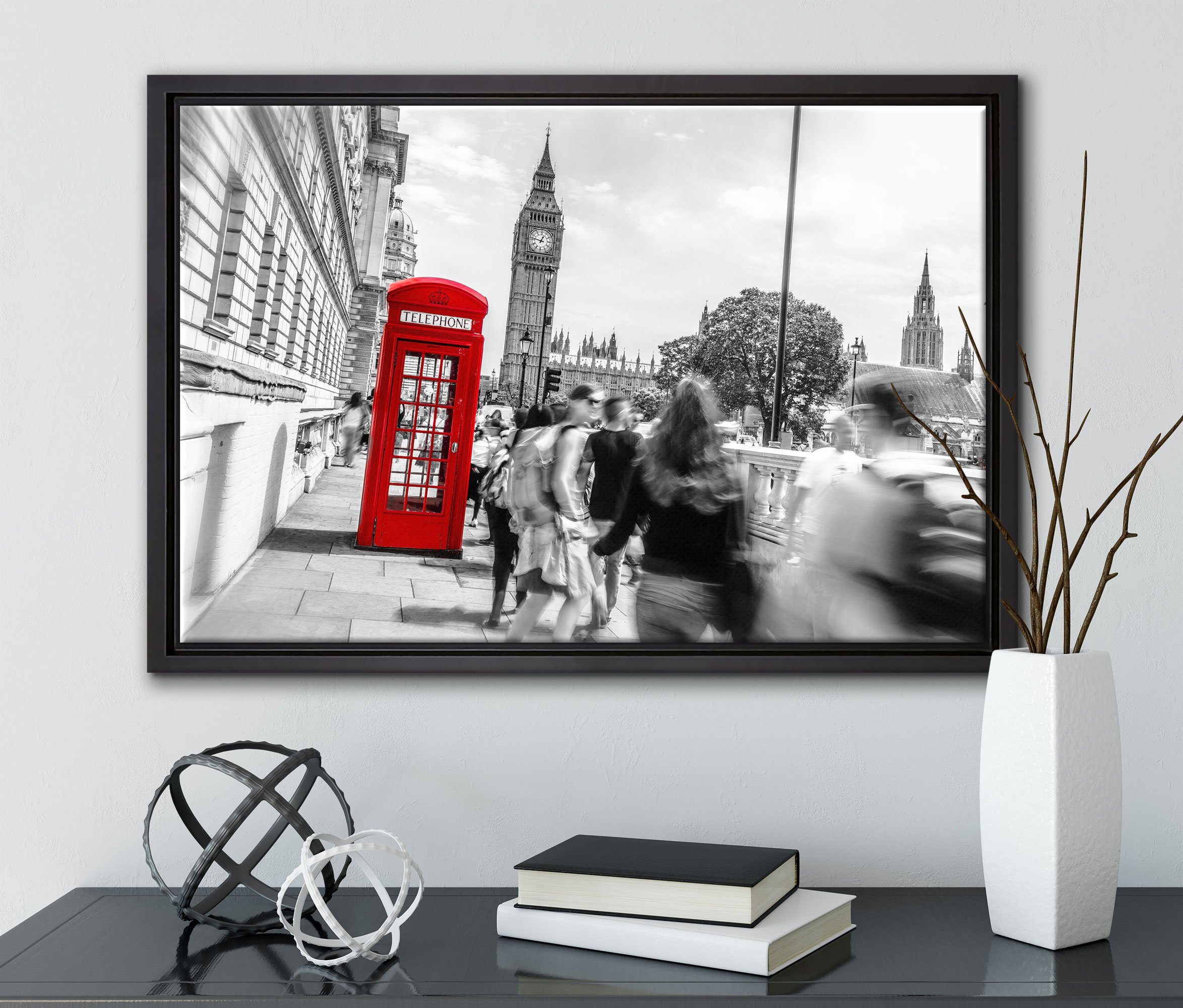 Typische Schattenfugen-Bilderrahmen London, Telefonzelle Pixxprint Wanddekoration inkl. in gefasst, fertig einem St), in bespannt, Zackenaufhänger Leinwandbild (1 Leinwandbild