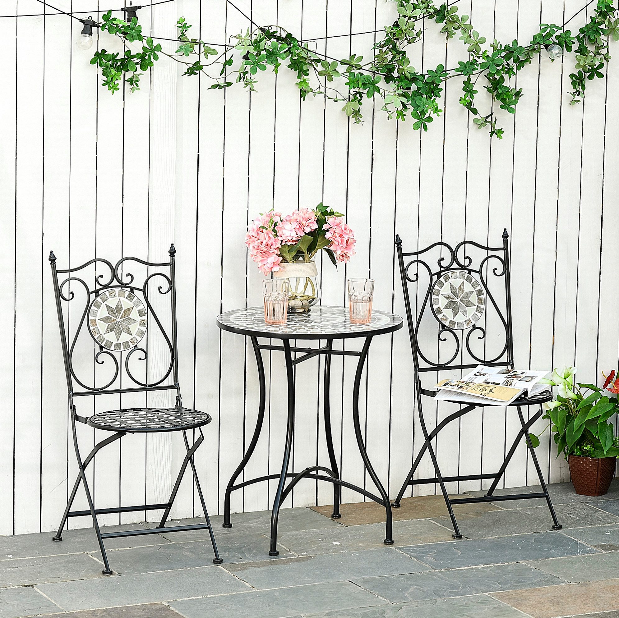 MODFU Sitzgruppe Ø60x71 cm 2-Sitzer Garten Sitzgruppe mit dekorativem Mosaiktisch, (Set, 3-tlg., Balkonmöbel-Set mit faltbaren Stühlen aus Metall), Mehrfarbiger Tisch mit Keramikfliesen für Garten & Terrasse