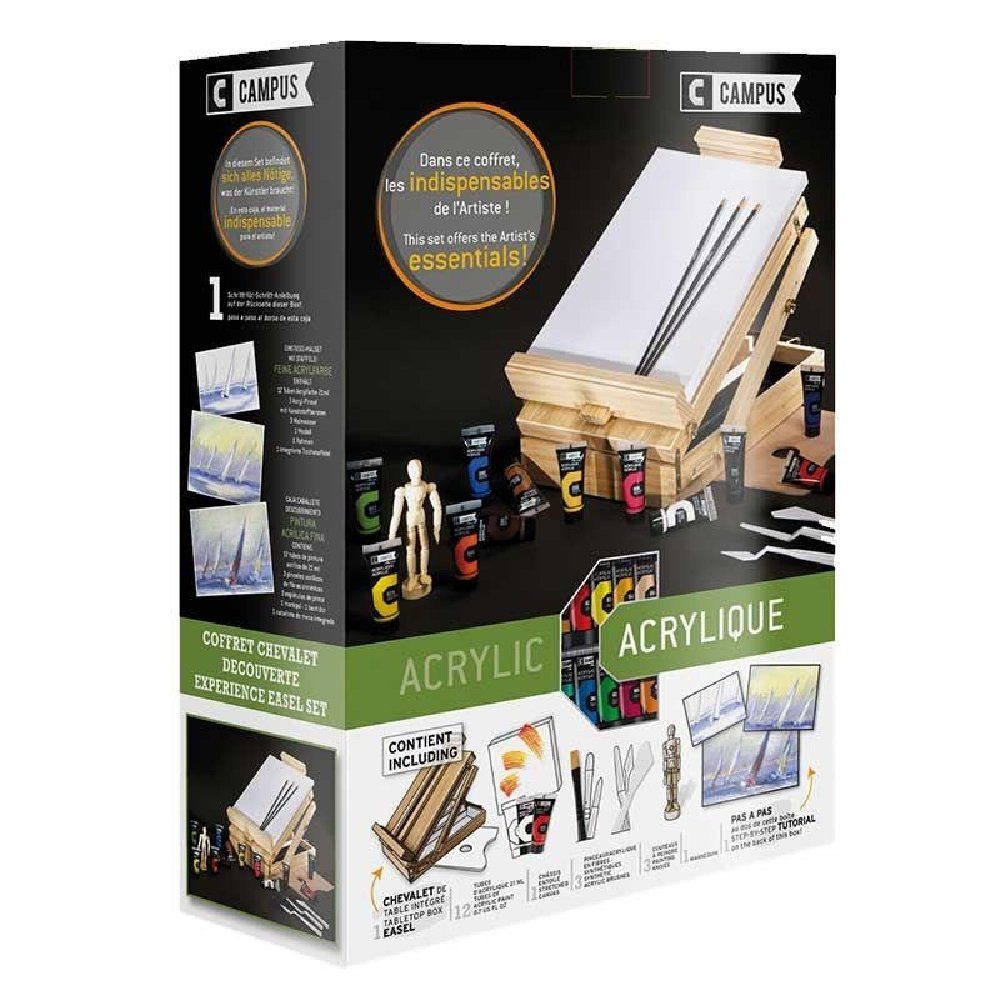 Raphael Acrylfarbe Campus Einstiegs-Malset Acryl, Holzkoffer und Staffelei, inkl. Zubehör