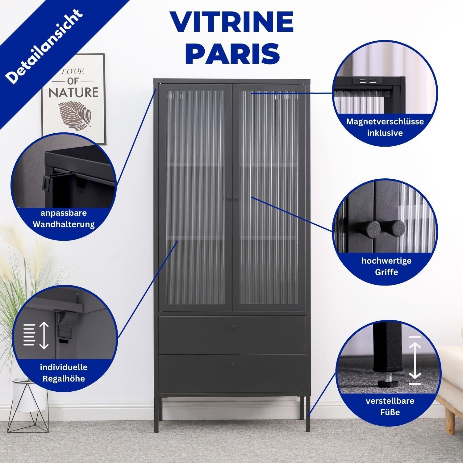 Mein-Regal Standvitrine PARIS Schwarz, Vitrine Metall Glastüren Schubladen stabil Hochschrank 180 cm