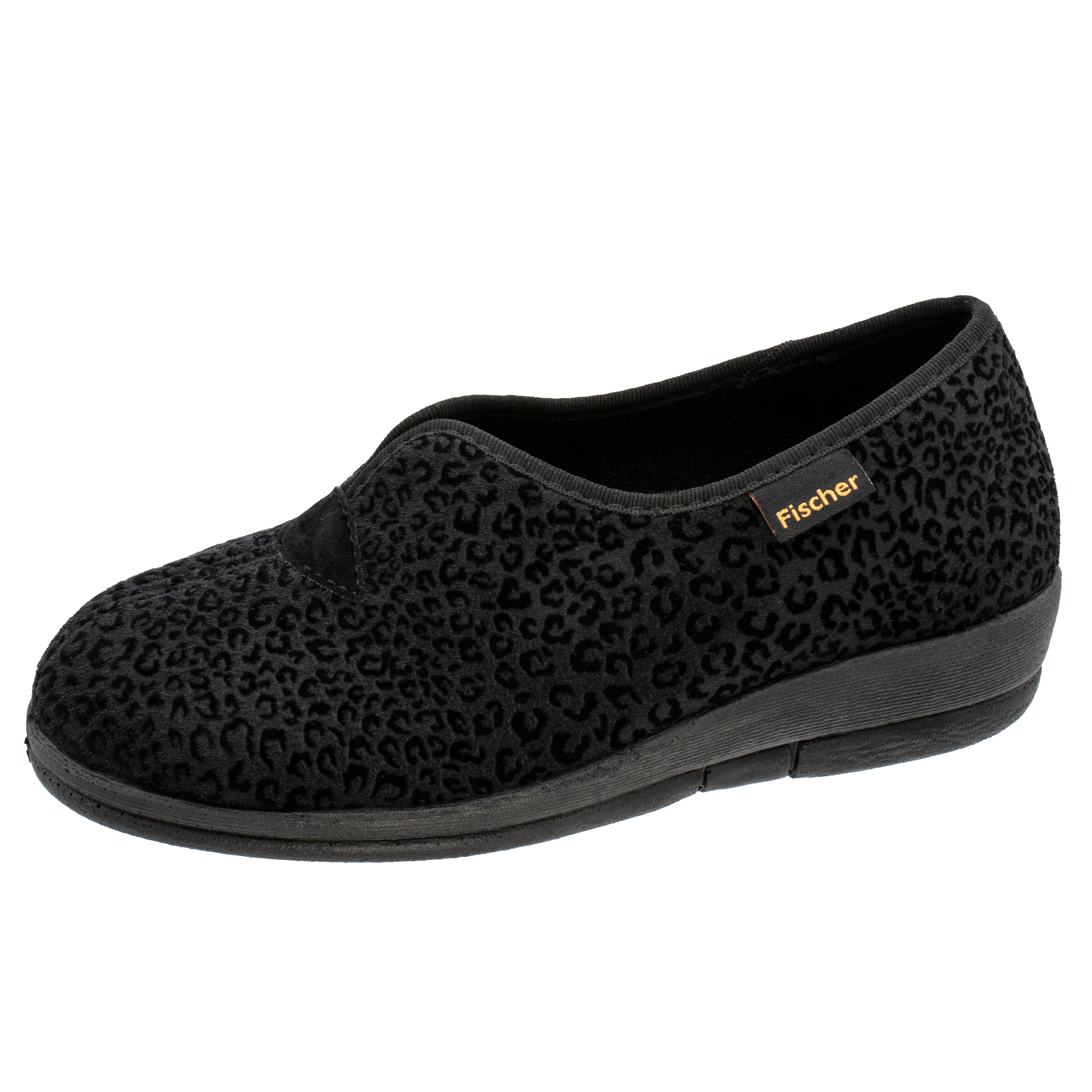 Fischer-Markenschuh Dora Hausschuh Leoprint, Weite H, Frotteefutter, Zum Schlupfen