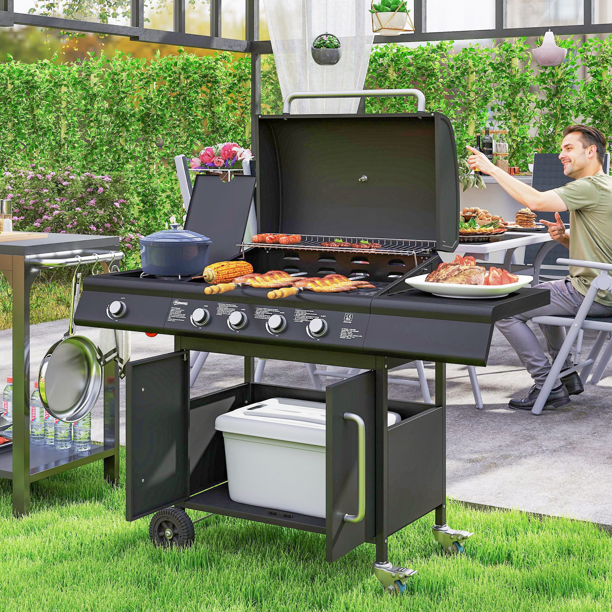 Outsunny Gasgrill mit 5 Edelstahl-Brenner Rolle Seitenkocher Druckminderer Gasschlauch, BBQ Gartengrill, 15,2 KW Grillwagen, für Balkon, Grill 129,5 x 56 x 110 cm