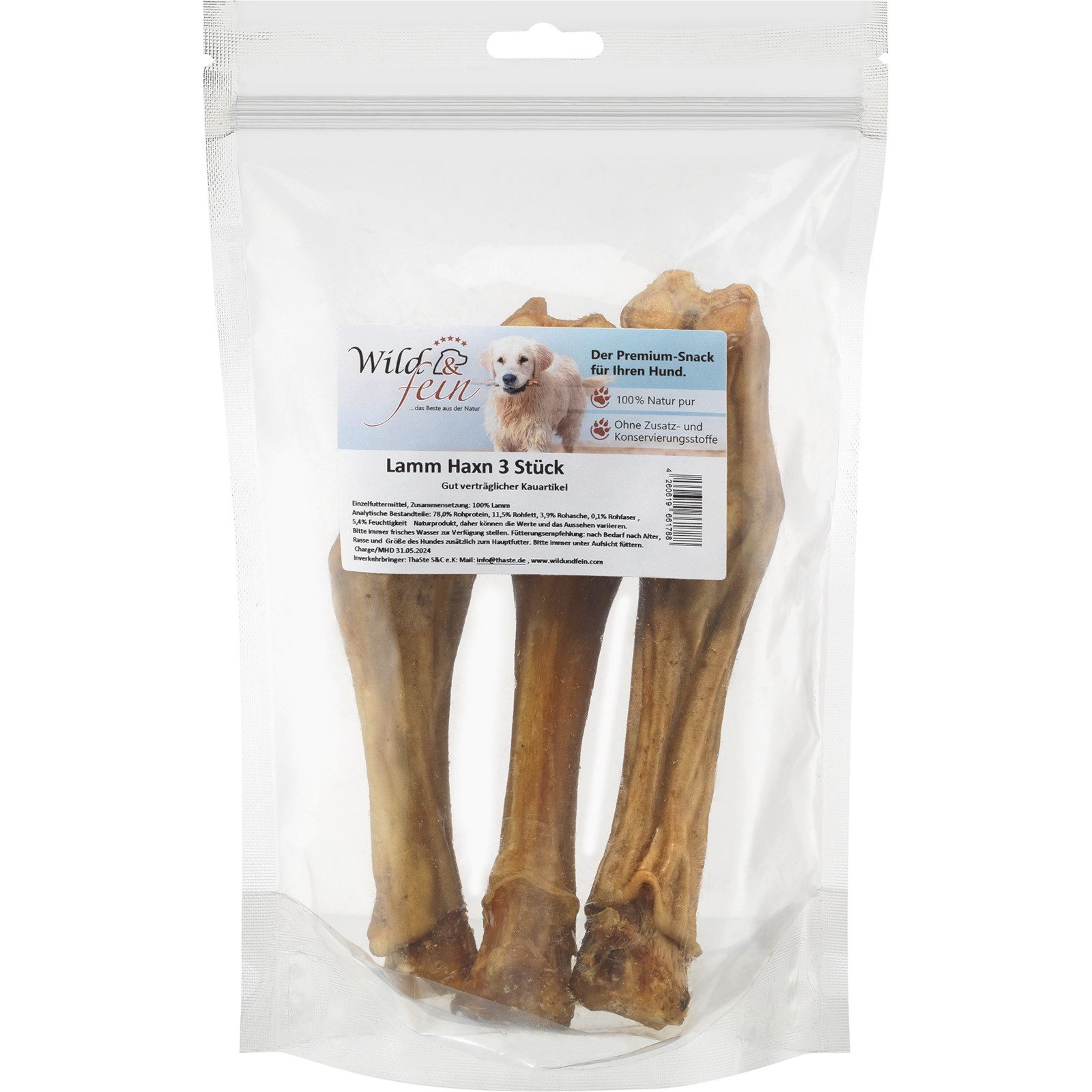Wild & Fein Lammhaxn, 3 Stück, Einzelfuttermittel für: Hund