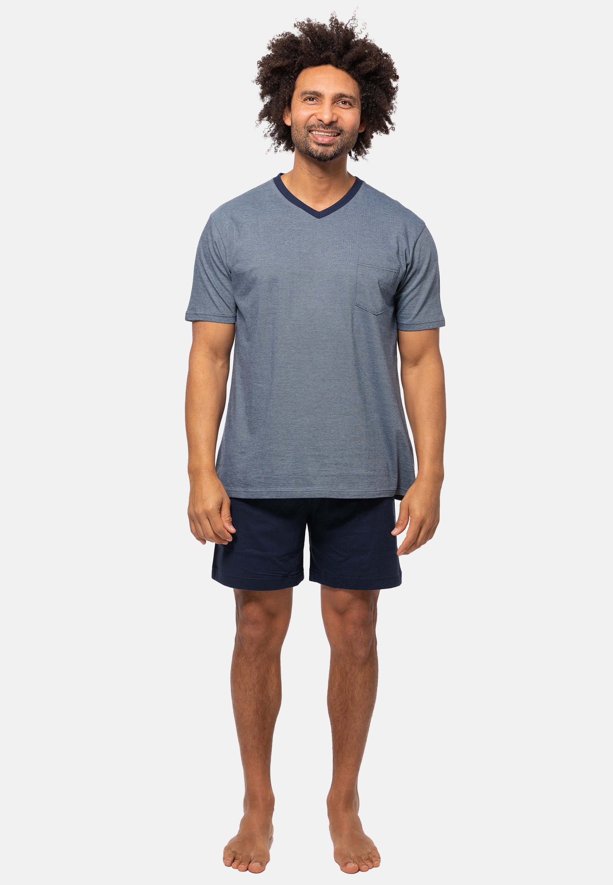 Pyjama Blau - Schlafanzug Cotton Hose tlg) geringelt Kurzarm 2 aus kurzer Set (Set, - und Organic Ammann Baumwolle Shirt