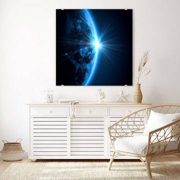 Primedeco Glasbild Wandbild Quadratisch Planet Erde beleuchtet mit Aufhängung, Weltall