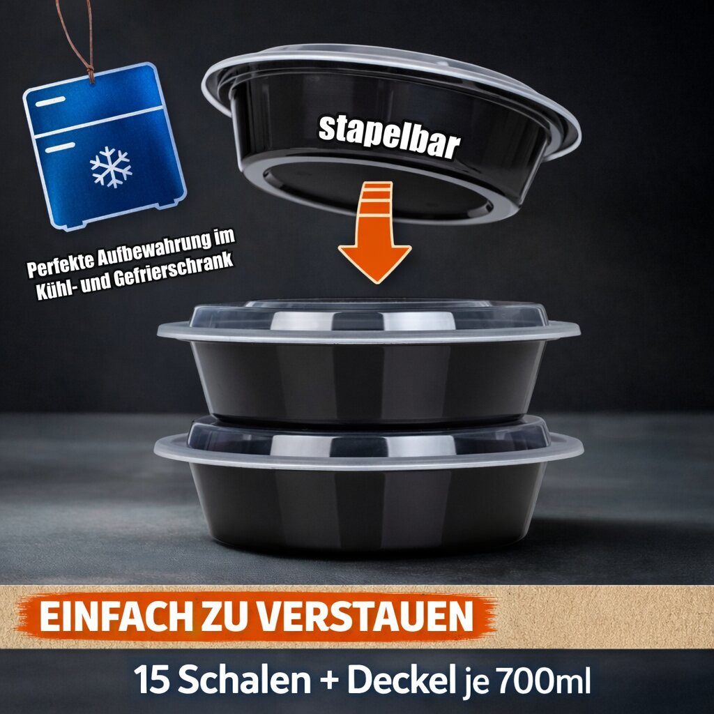 BigDean Mikrowellenteller Meal Prep Boxen 700 ml – 15 Stück Runde Schalen mit Deckel – BPA frei, (15 St), mikrowellengeeignet, spülmaschinengeeignet, gefriergee – Bild 4 von 5