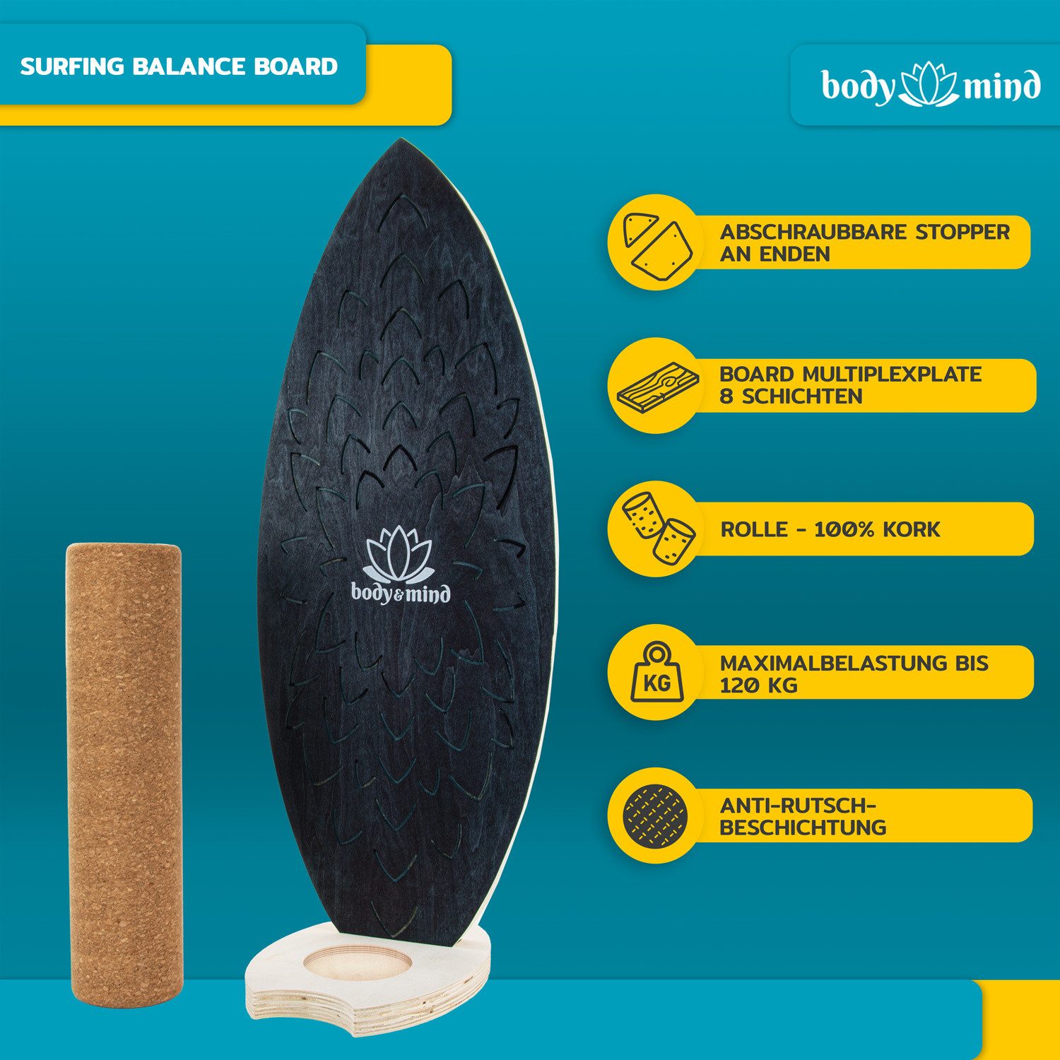 Body & Mind Balanceboard Surf Balance Board – Holz Wackelbrett mit Korkrolle + Ständer & E‑Book, Trainiert Gleichgewicht & Koordination