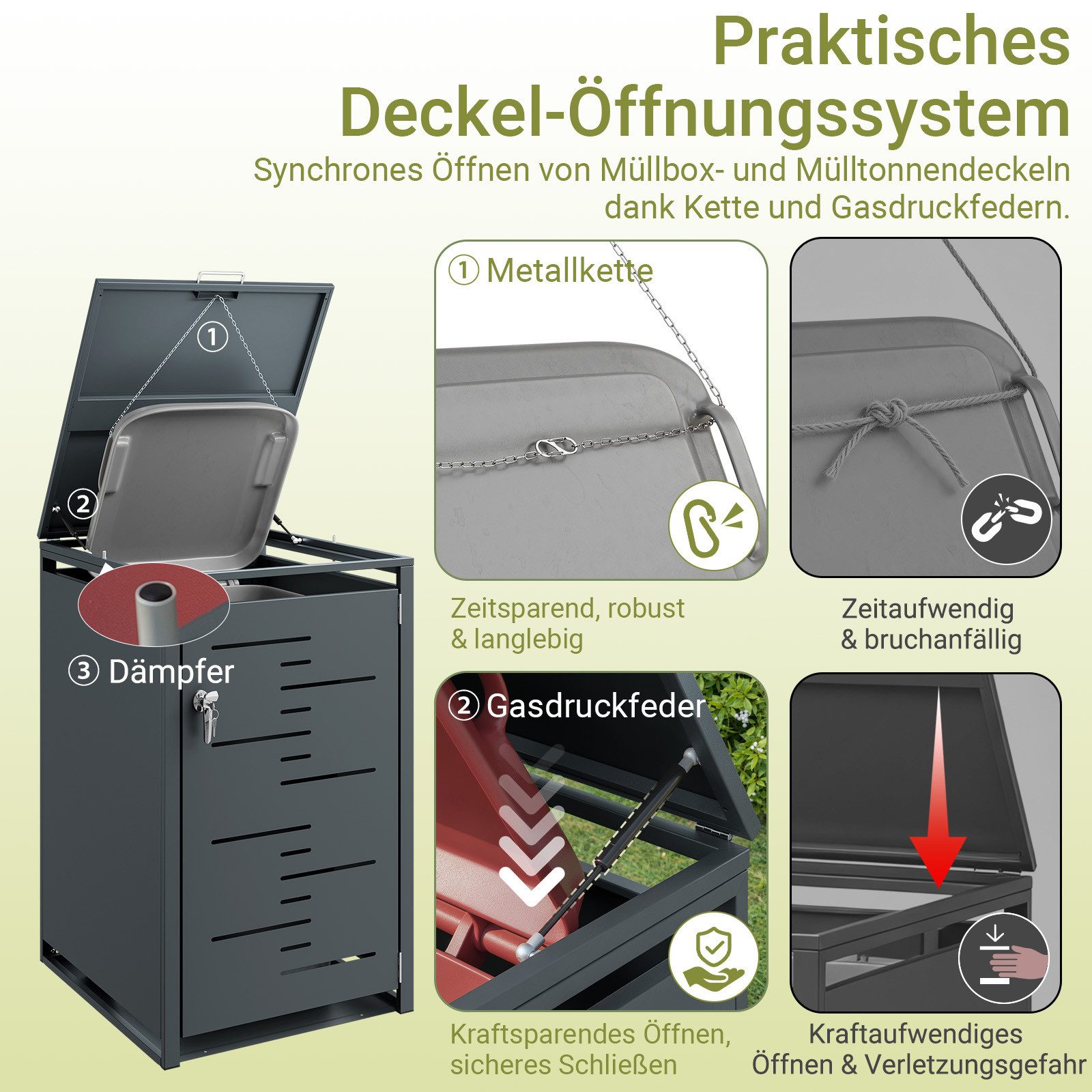 SoBuy Mülltonnenbox OGS63, 240l abschließbar, Gasdruckfeder (1er Set), Wetterfeste Metallbox mit Schwingtür und Kette für Außenbereich
