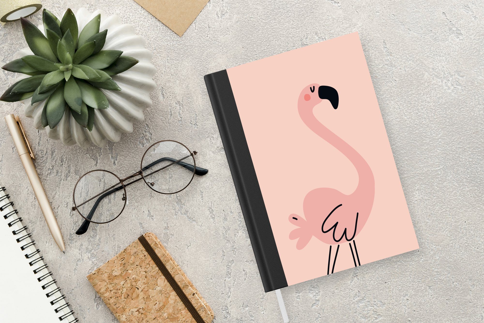 Seiten, Merkzettel, Journal, MuchoWow rosa Hintergrund, A5, rosa Notizbuch Illustration auf Tagebuch, Flamingos eines 98 Haushaltsbuch Notizheft, einem