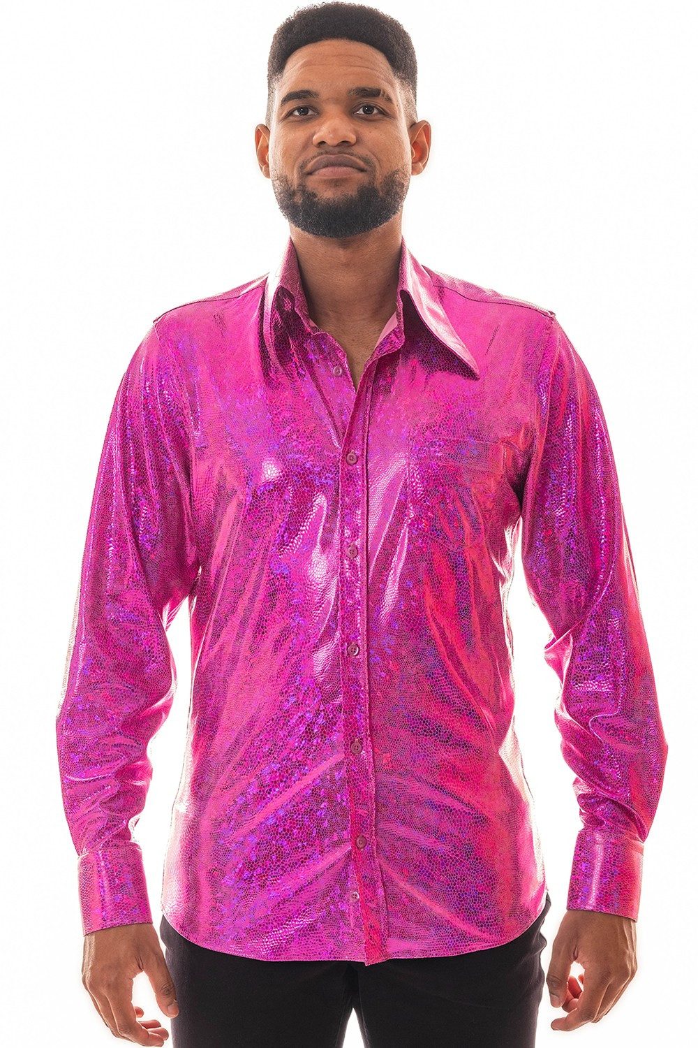 Langarmhemd Herren 70er pink glitzernd