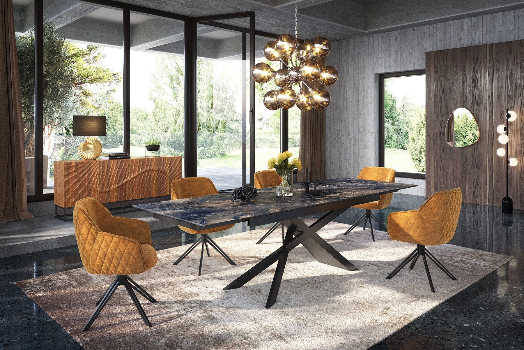 riess-ambiente Polsterstuhl EUPHORIA senfgelb/schwarz – Samt, drehbar, Metall-Füße, mit Armlehne (Einzelartikel, 1 St), mit 180° Drehfunktion und Autoreturn – ideal für elegante Esszimmer