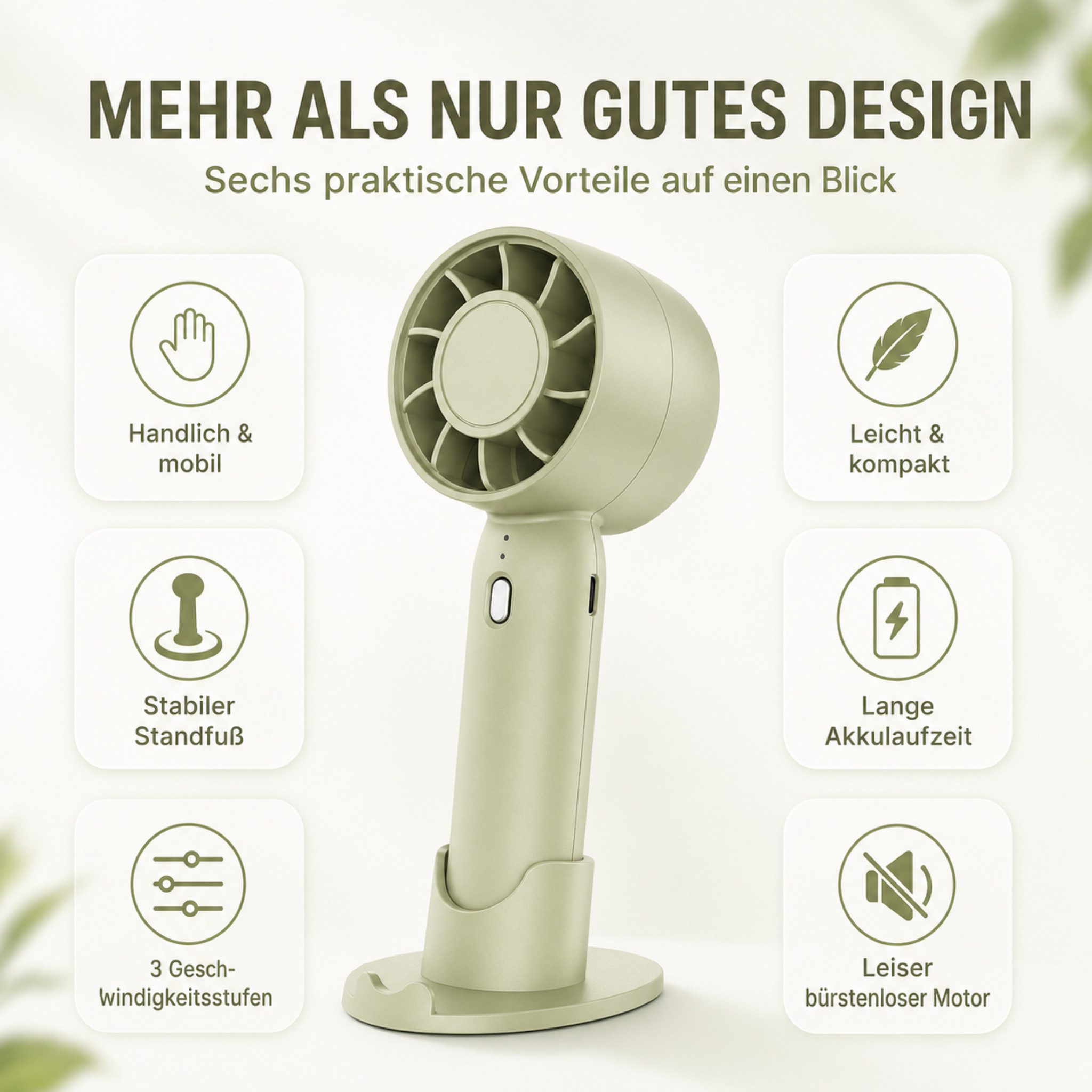 HS.SUPPLY Handventilator Mini Ventilator mit Akku, 3 Stufen, Standfuß, leise & tragbar, 2-in-1 Hand- und Tischventilator mit 3 Geschwindigkeitsstufen