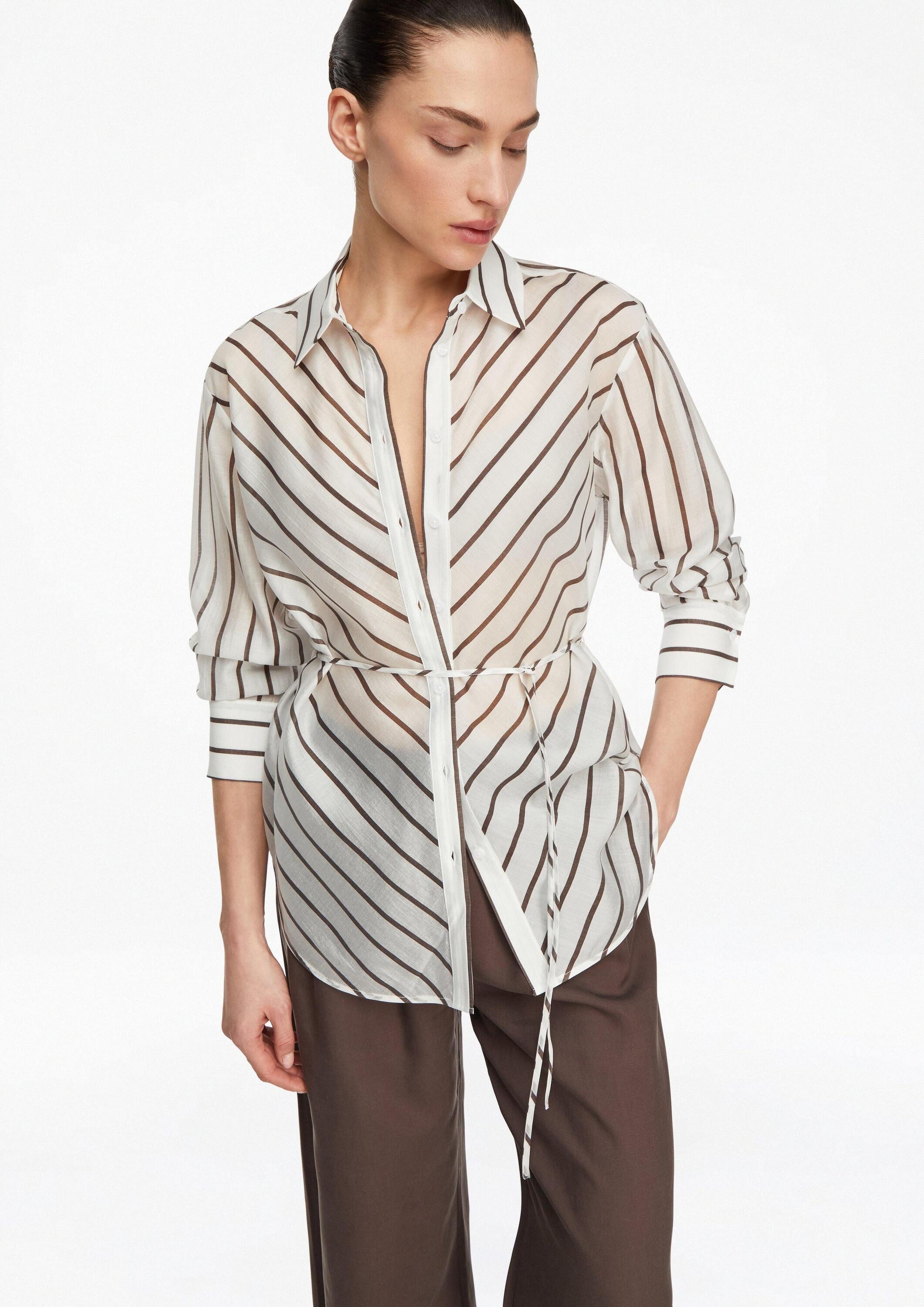 comma Langarmbluse Bluse Semitransparente Lyocellmix-Bluse mit Gürtel