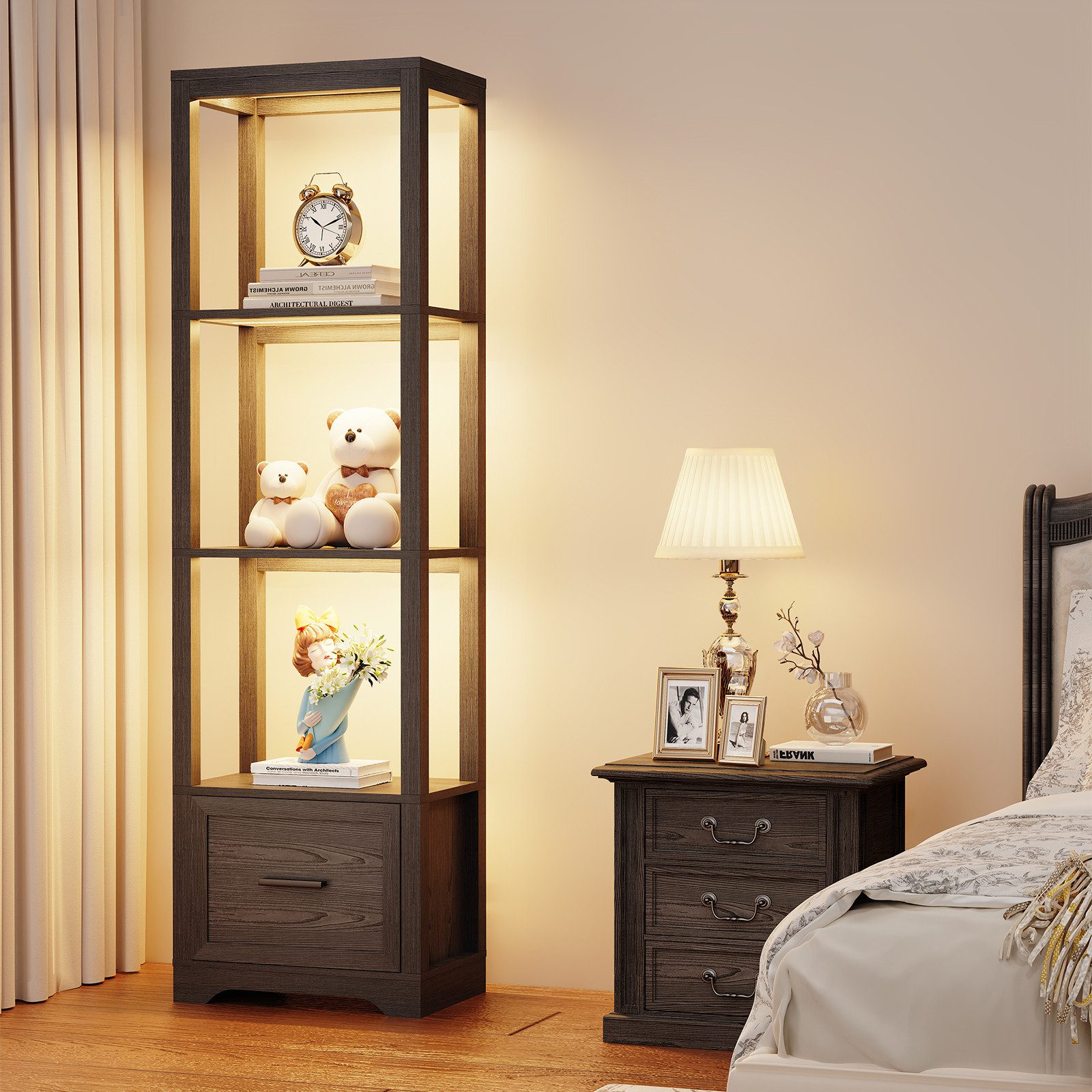 BROTTAR Standvitrine mit Schubladen, LED-Beleuchtung und Anwesenheitssensor günstig online kaufen