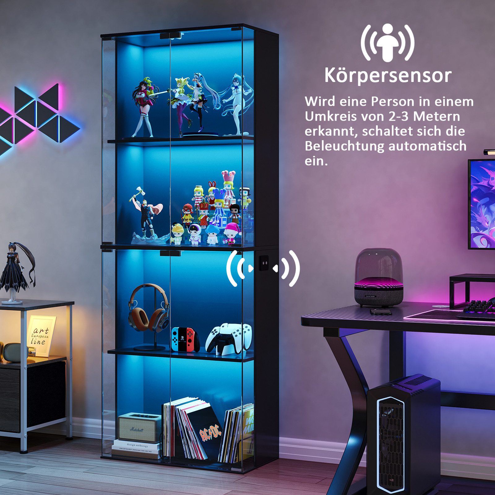 SVEYLXA Vitrine Moderne Vitrine mit LED Beleuchtung, 160 cm Hochschrank mit Glastüren (1-St) 4 Ebenen, Schwarz/Weiß – Bild 5 von 5