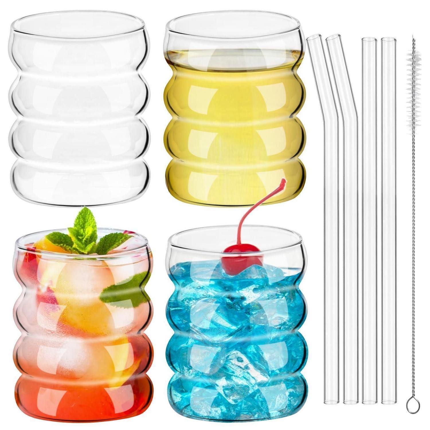 LuxusKollektion Gläser-Set 4er Set Gerippte Trinkgläser 350ml Glasstrohhalm, Glas