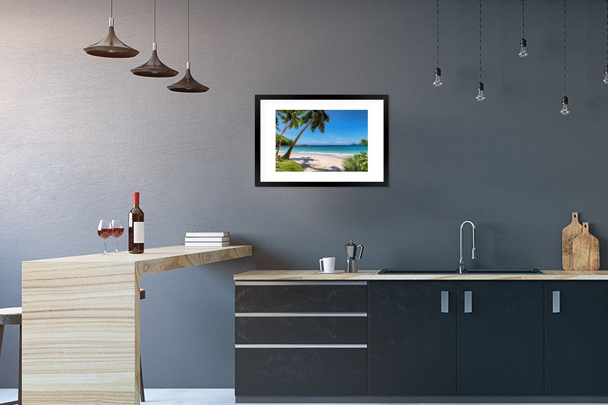 MuchoWow Poster Strand - Meer - Palmen - Sonne, (1 St), mit Rahmen, Kunstdruck, Gerahmtes Poster, Schwarzem Bilderrahmen