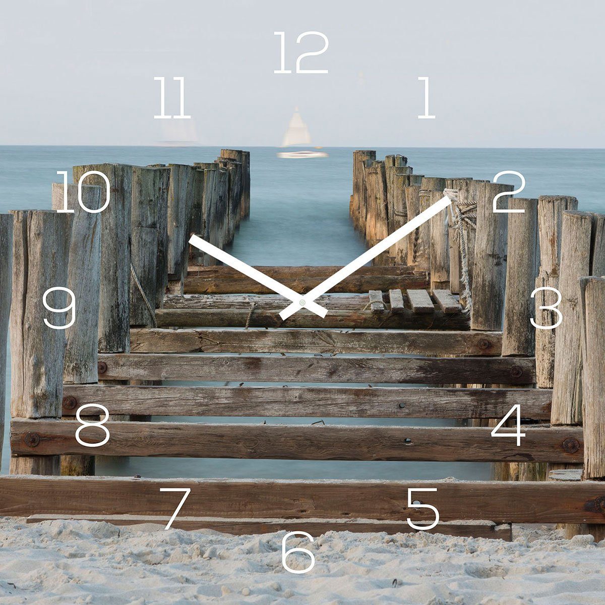 Levandeo® Wanduhr (levandeo Wanduhr Glas 30x30cm Glasuhr Uhr Glasbild Strand Meer Steg)