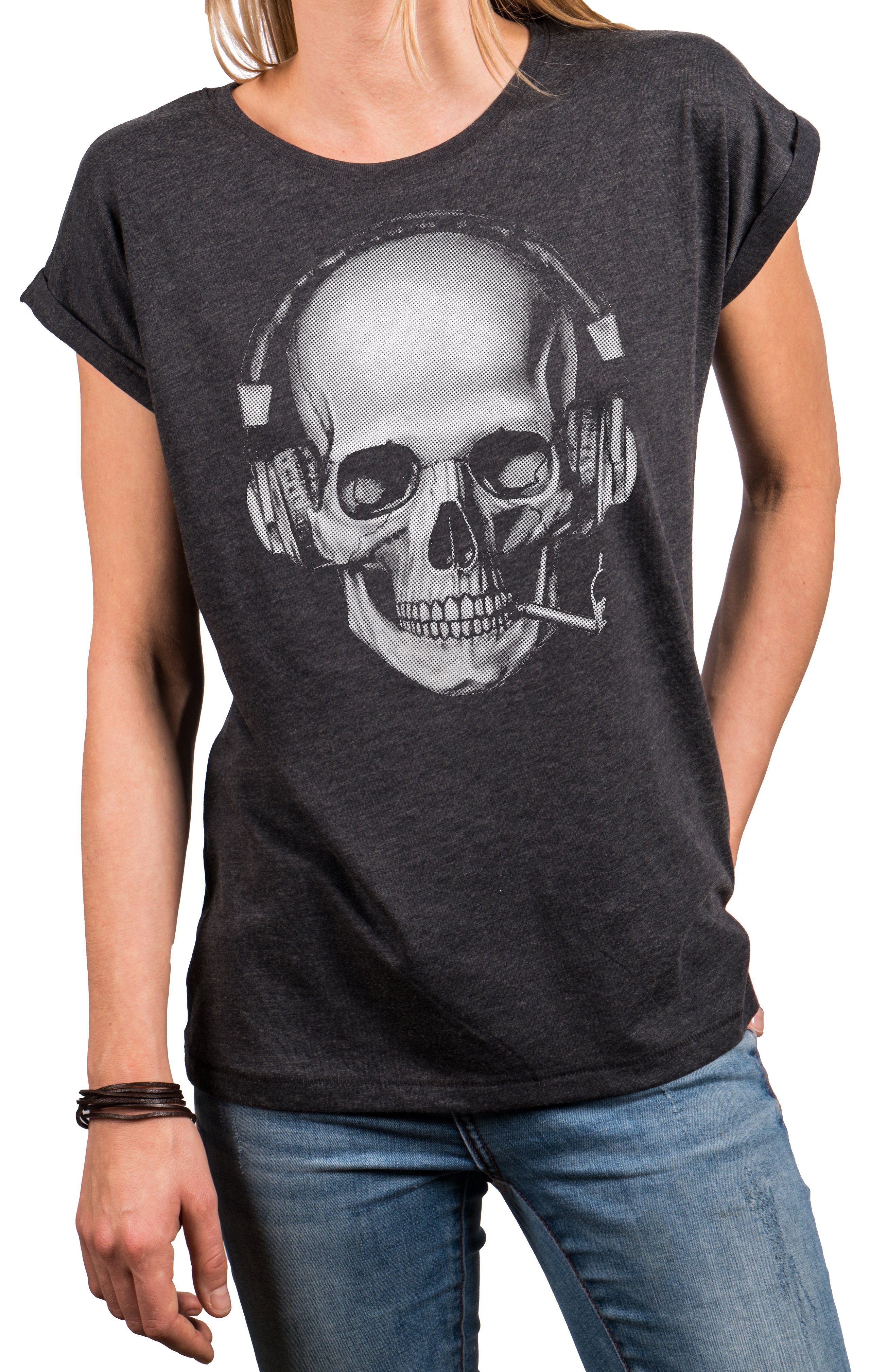 - T-Shirt Schwarz, Skull mit Totenkopf Gothic Rundhals, Aufdruck Größen Top MAKAYA große (Kurzarm, Grau) Baumwolle, Design Blau, Print-Shirt Cooles Damen