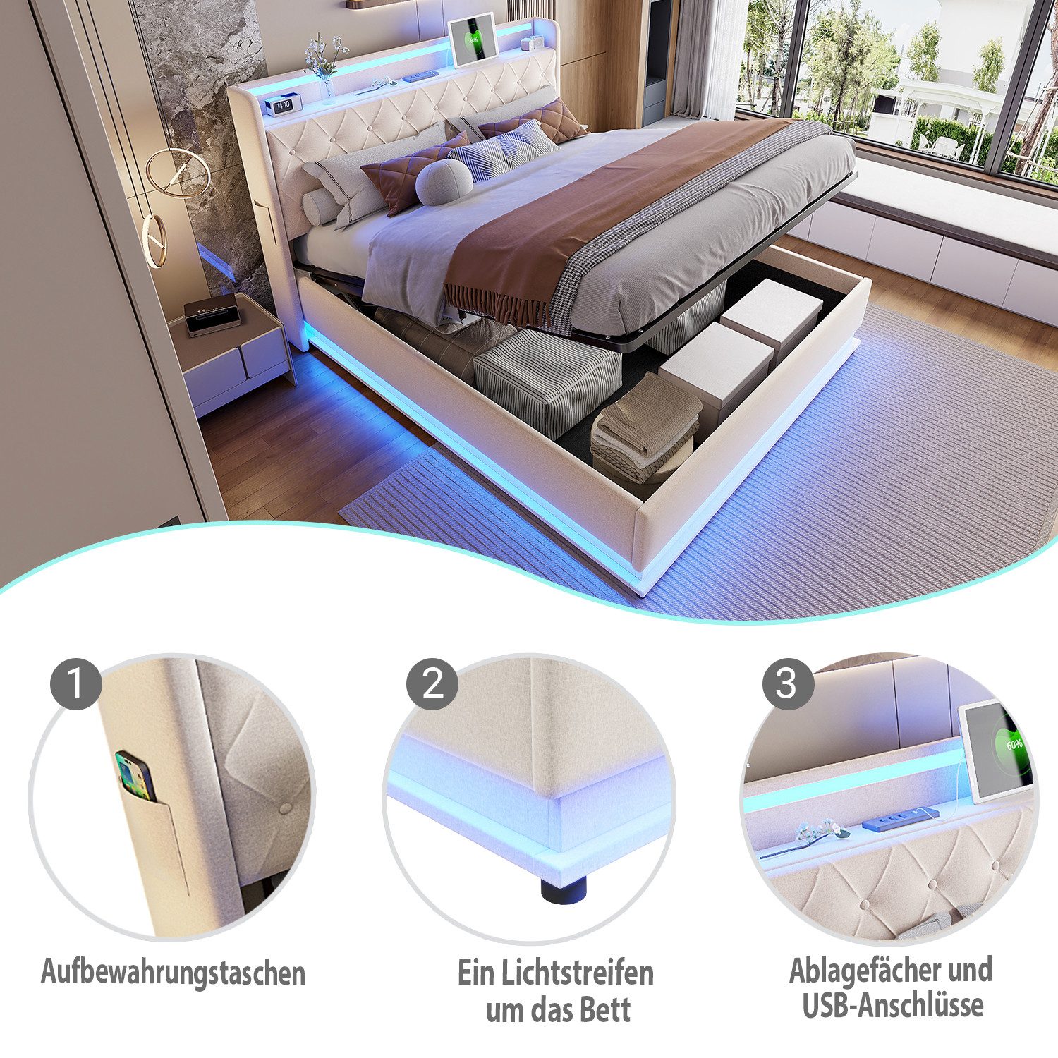 Merax Polsterbett mit LED-Beleuchtung & USB-Ladeanschluss (1-tlg., Hydraulisches Stauraumbett Mehrzweckbett Jugendbett), Doppelbett 160x200cm mit hydraulischem  – Bild 5 von 5