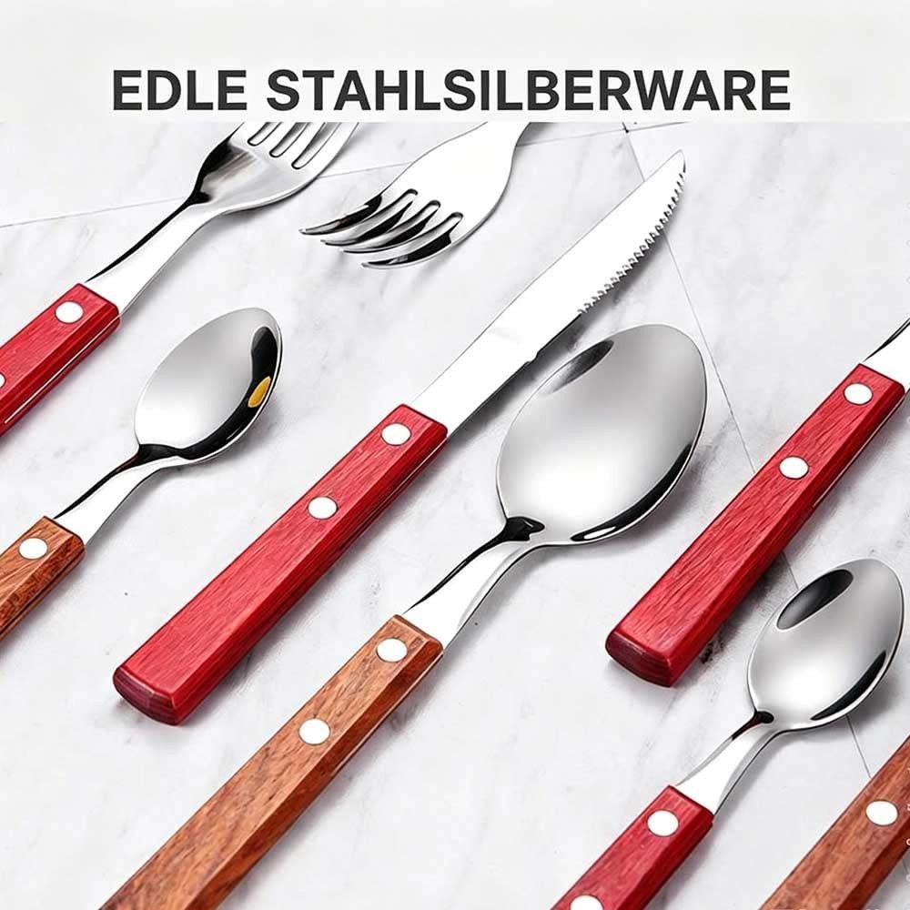 FELIXLEO Steakbesteck Geschirrset 4 teilig Ergonomischer Holzgriff Besteck Rot – Bild 3 von 5