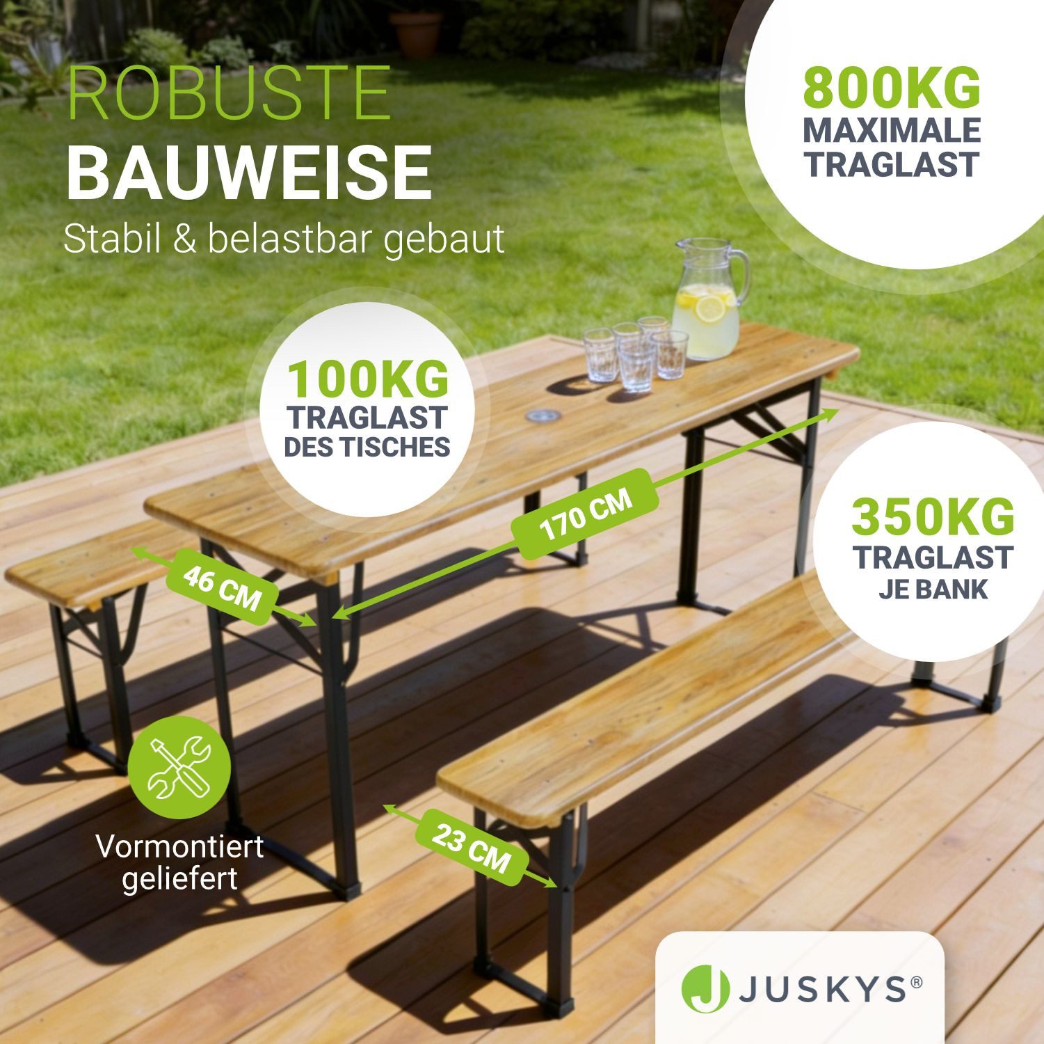Juskys Bierzeltgarnitur Bichl, (Set, 3-tlg., Bierzeltgarnitur), Wetter & UV-beständig, klappbar, lackiertes Tannenholz, Bodenschoner